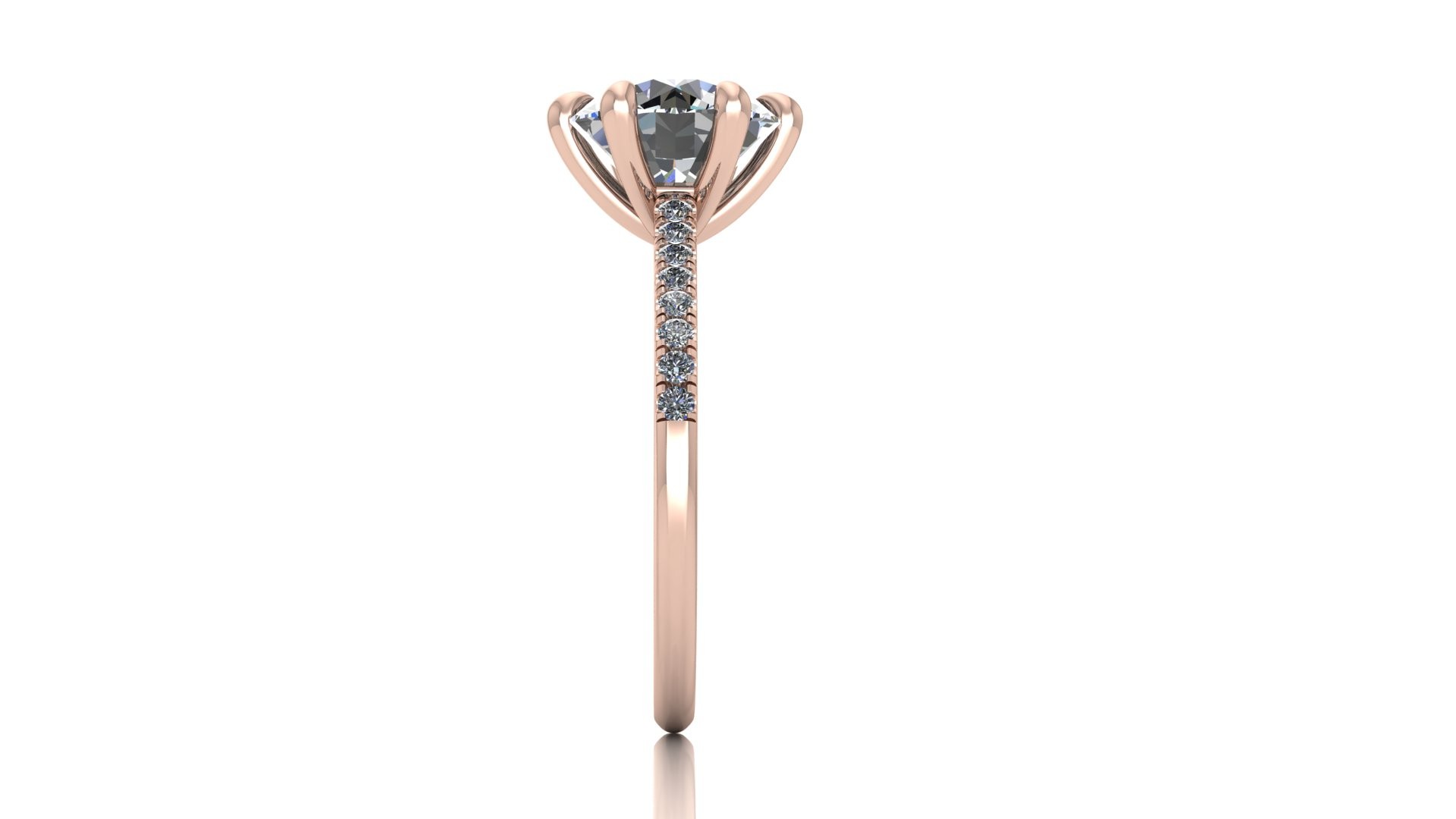 18k rose gold 2,00 ct 6 prongs round cut diamond engagement ring with whisper thin pavÉ set band