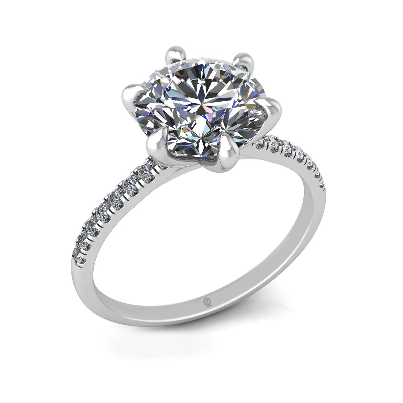 18k white gold 2,50 ct 6 prongs round cut diamond engagement ring with whisper thin pavÉ set band