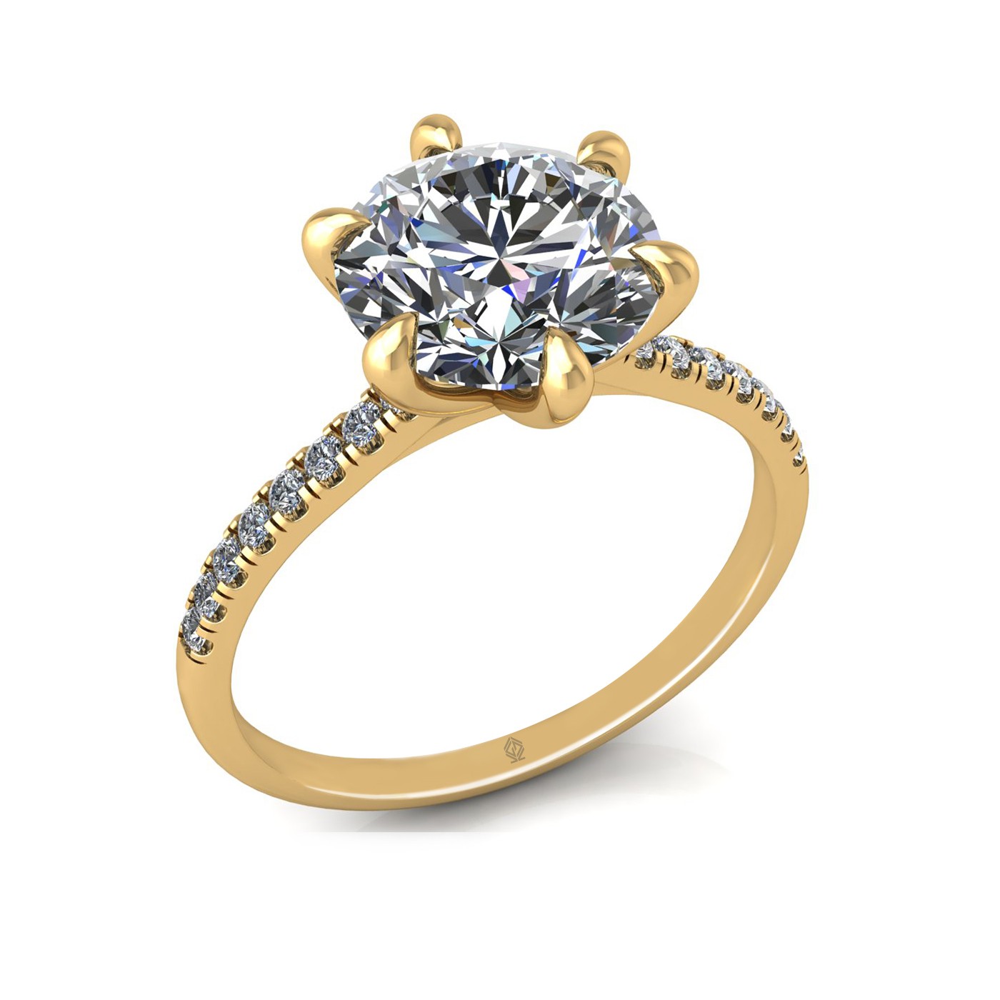 18k yellow gold 2,50 ct 6 prongs round cut diamond engagement ring with whisper thin pavÉ set band