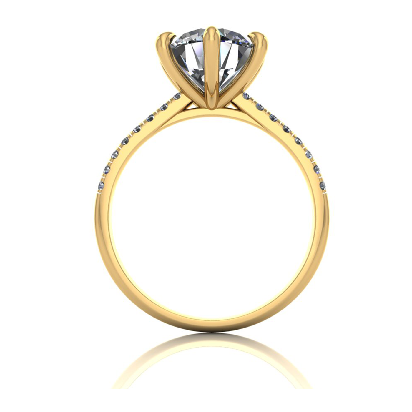 18k yellow gold 2,50 ct 6 prongs round cut diamond engagement ring with whisper thin pavÉ set band