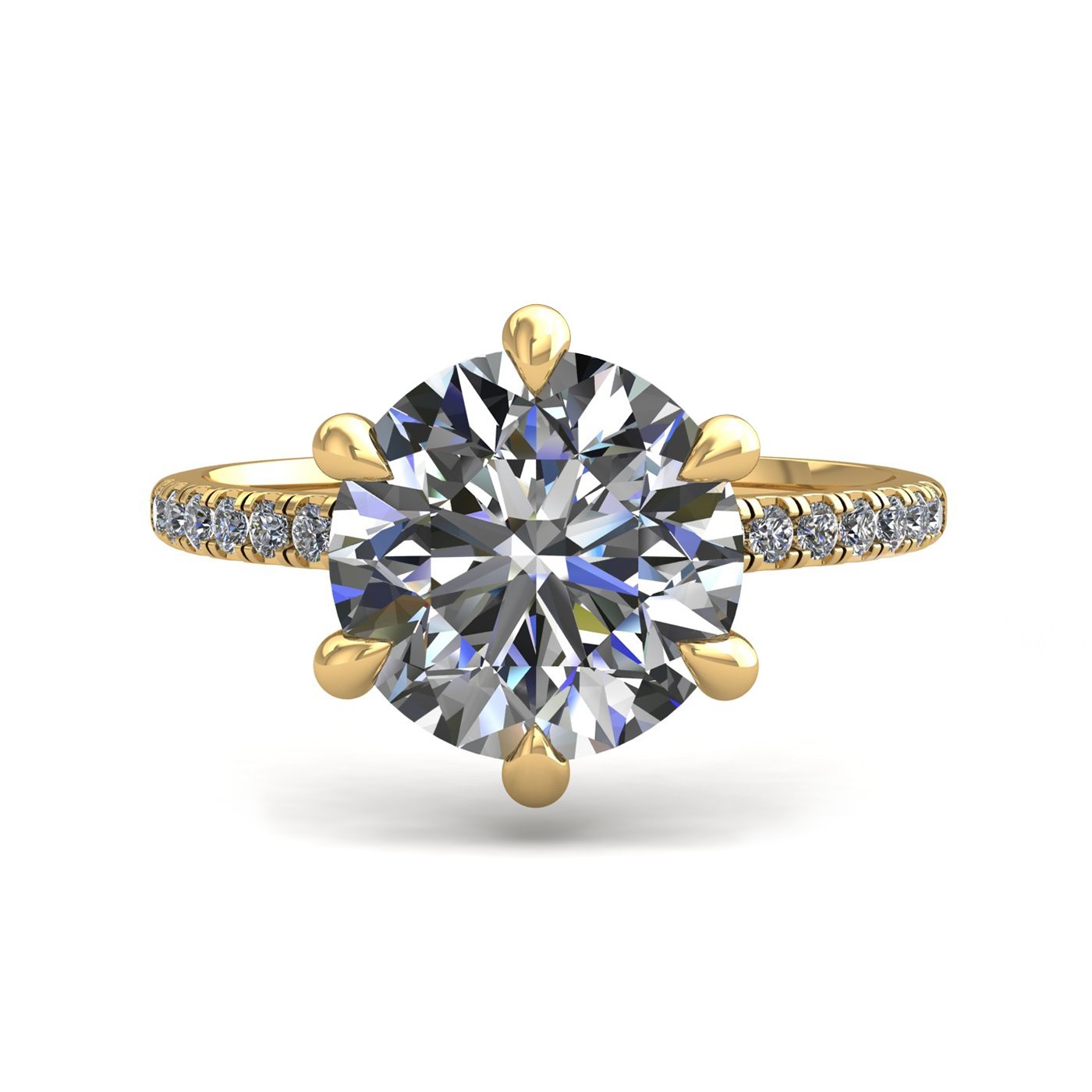 18k yellow gold 2,00 ct 6 prongs round cut diamond engagement ring with whisper thin pavÉ set band Photos & images