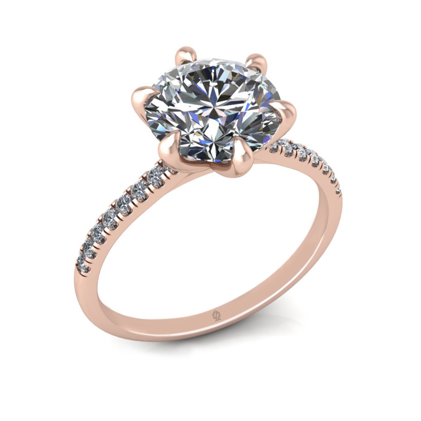 18k rose gold 2,50 ct 6 prongs round cut diamond engagement ring with whisper thin pavÉ set band