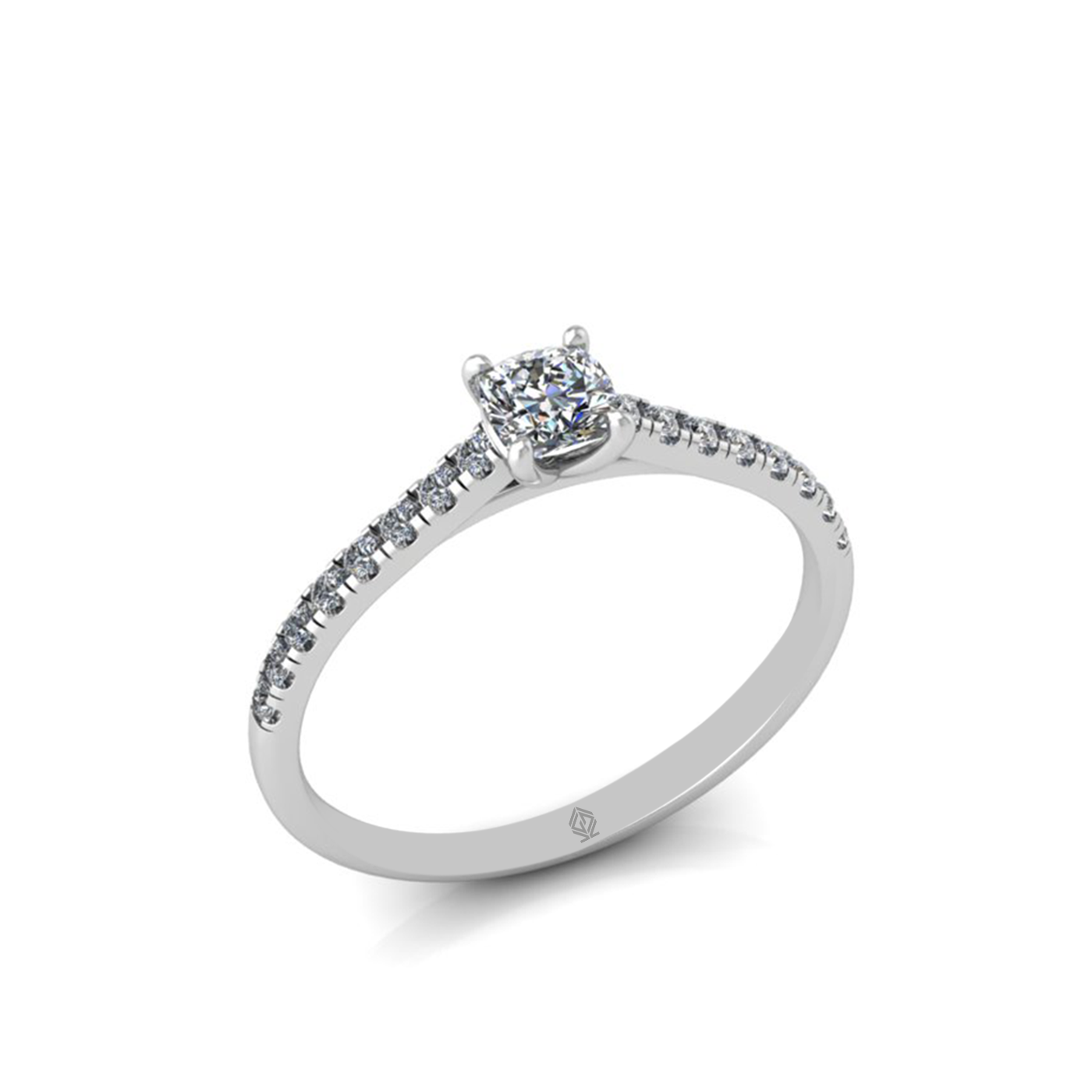 18k white gold  0,30 ct 4 prongs cushion cut diamond engagement ring with whisper thin pavÉ set band