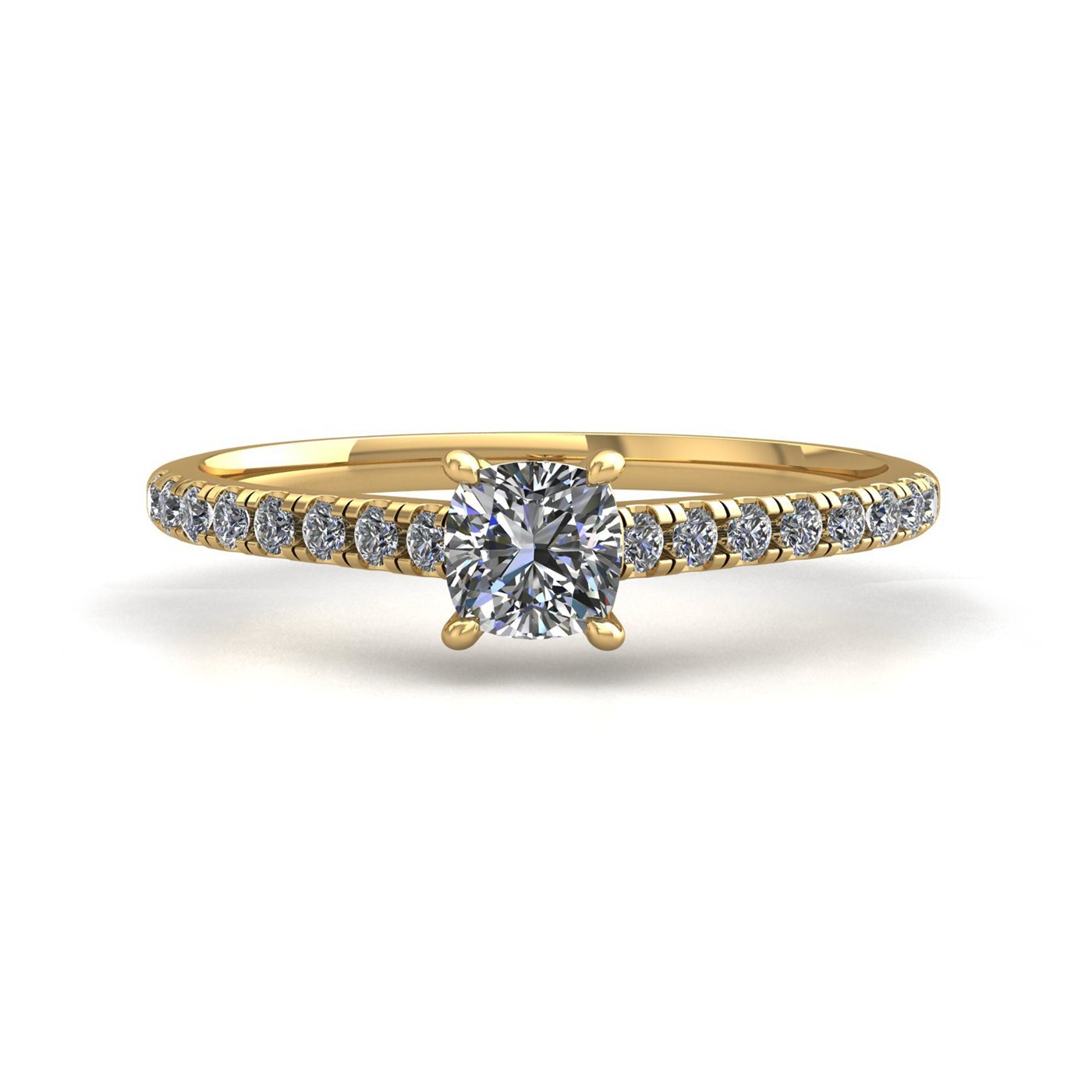 18k yellow gold 1.5ct 4 prongs cushion cut diamond engagement ring with whisper thin pavÉ set band Photos & images