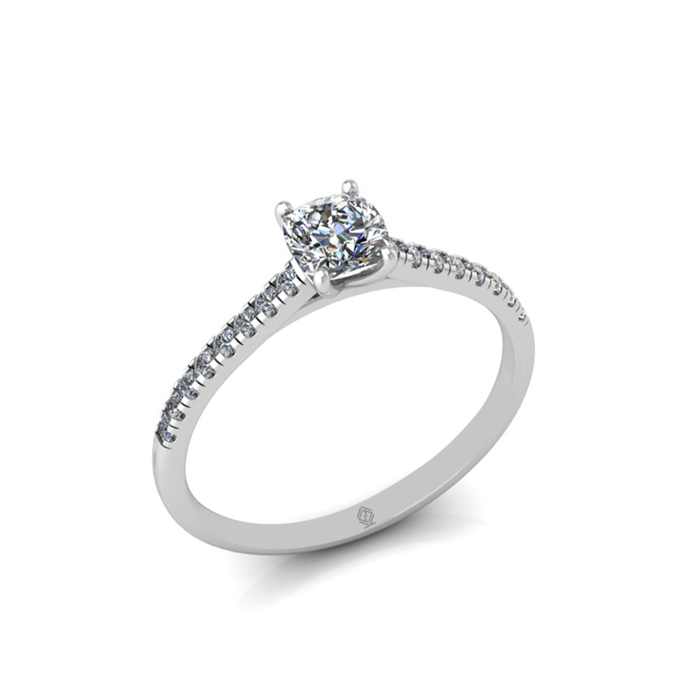 18k white gold 0,50 ct 4 prongs cushion cut diamond engagement ring with whisper thin pavÉ set band