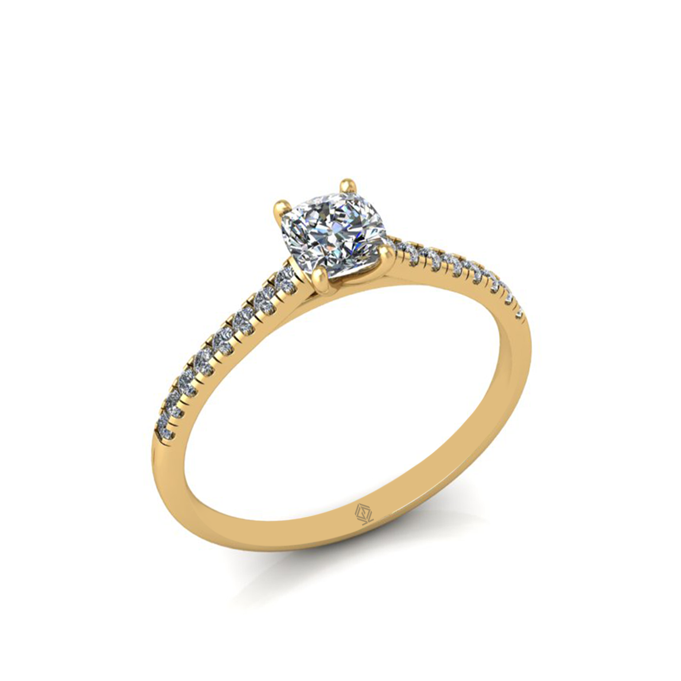 18k yellow gold  0,50 ct 4 prongs cushion cut diamond engagement ring with whisper thin pavÉ set band