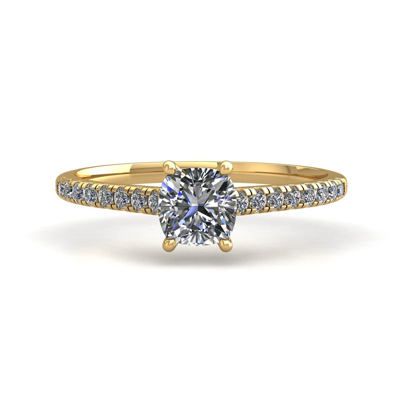 18k yellow gold 2.5ct 4 prongs cushion cut diamond engagement ring with whisper thin pavÉ set band Photos & images