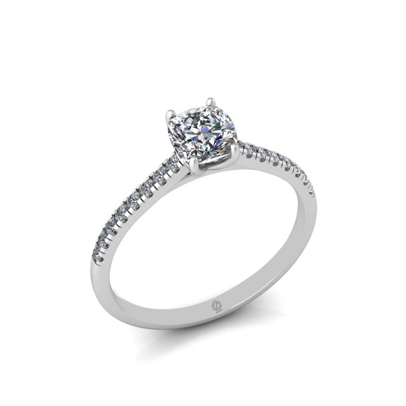 18k white gold 0,80 ct 4 prongs cushion cut diamond engagement ring with whisper thin pavÉ set band