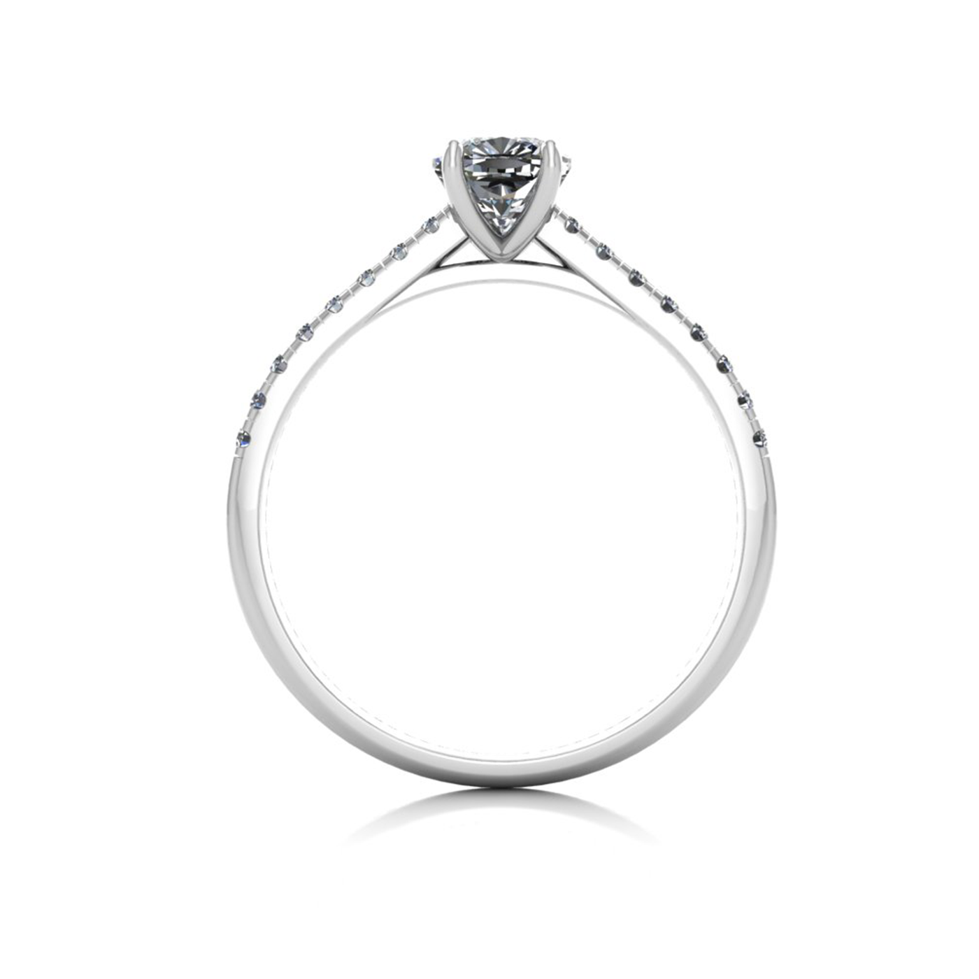 18k white gold 0,80 ct 4 prongs cushion cut diamond engagement ring with whisper thin pavÉ set band
