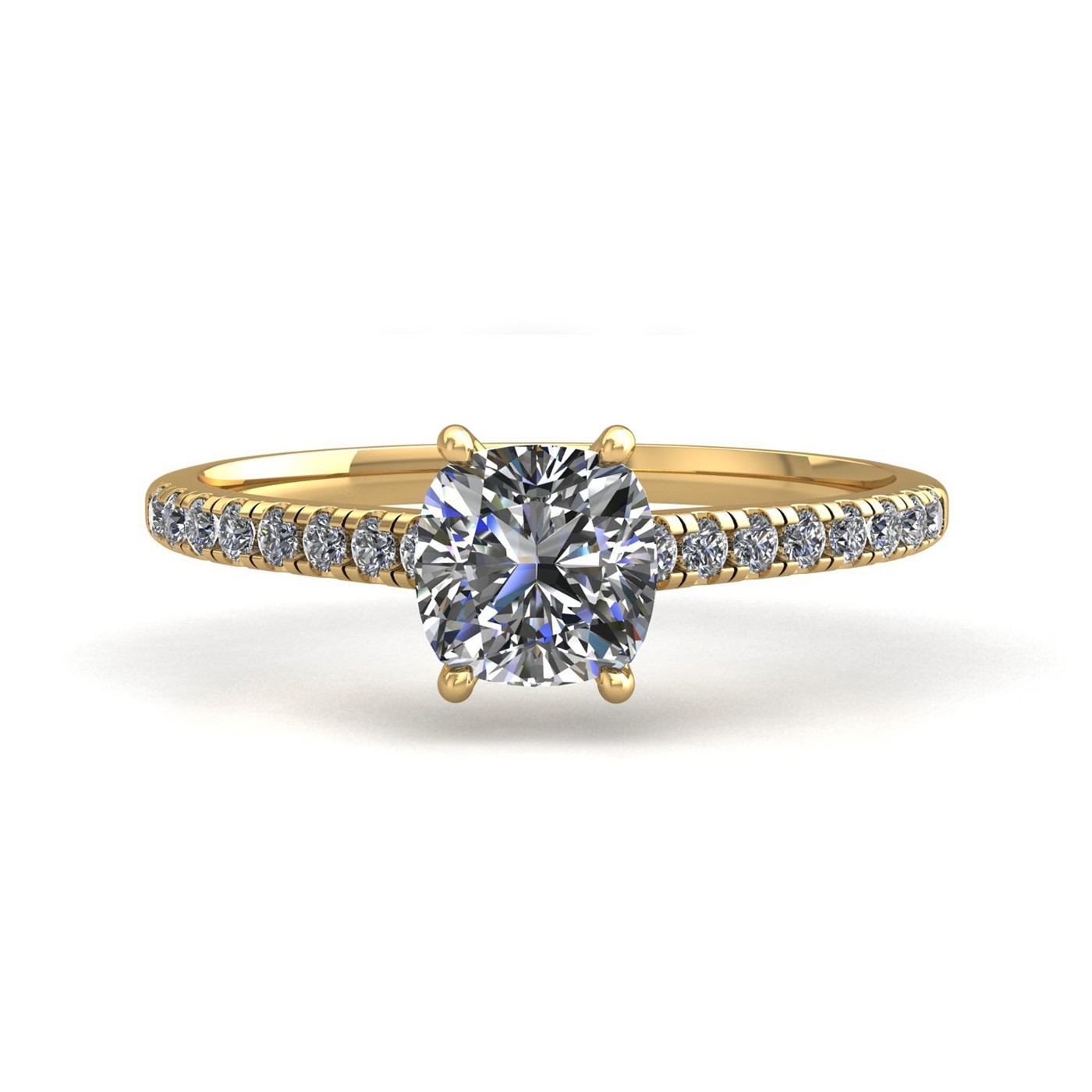 18k yellow gold  0,30 ct 4 prongs cushion cut diamond engagement ring with whisper thin pavÉ set band Photos & images