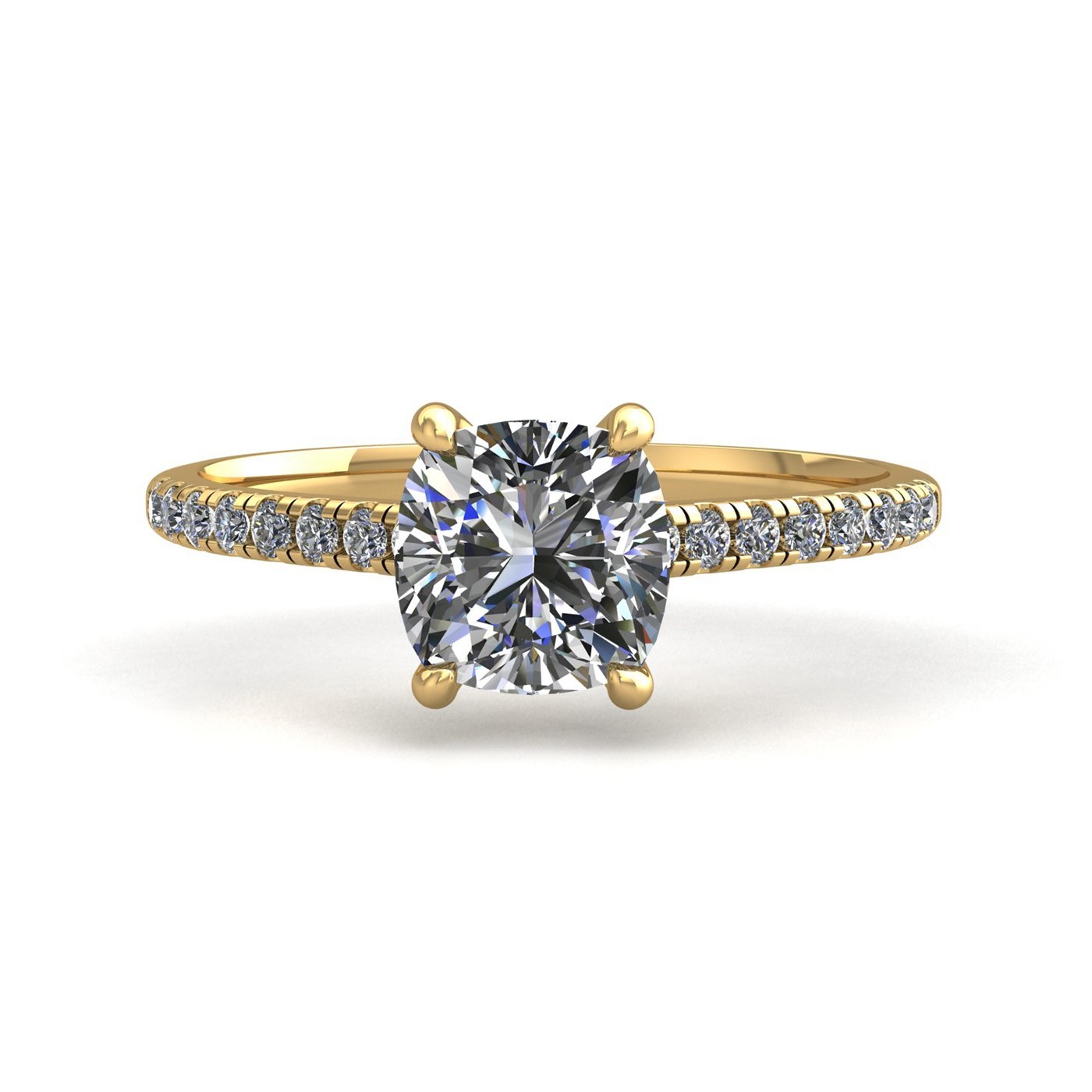 18k yellow gold 0,80 ct 4 prongs cushion cut diamond engagement ring with whisper thin pavÉ set band Photos & images