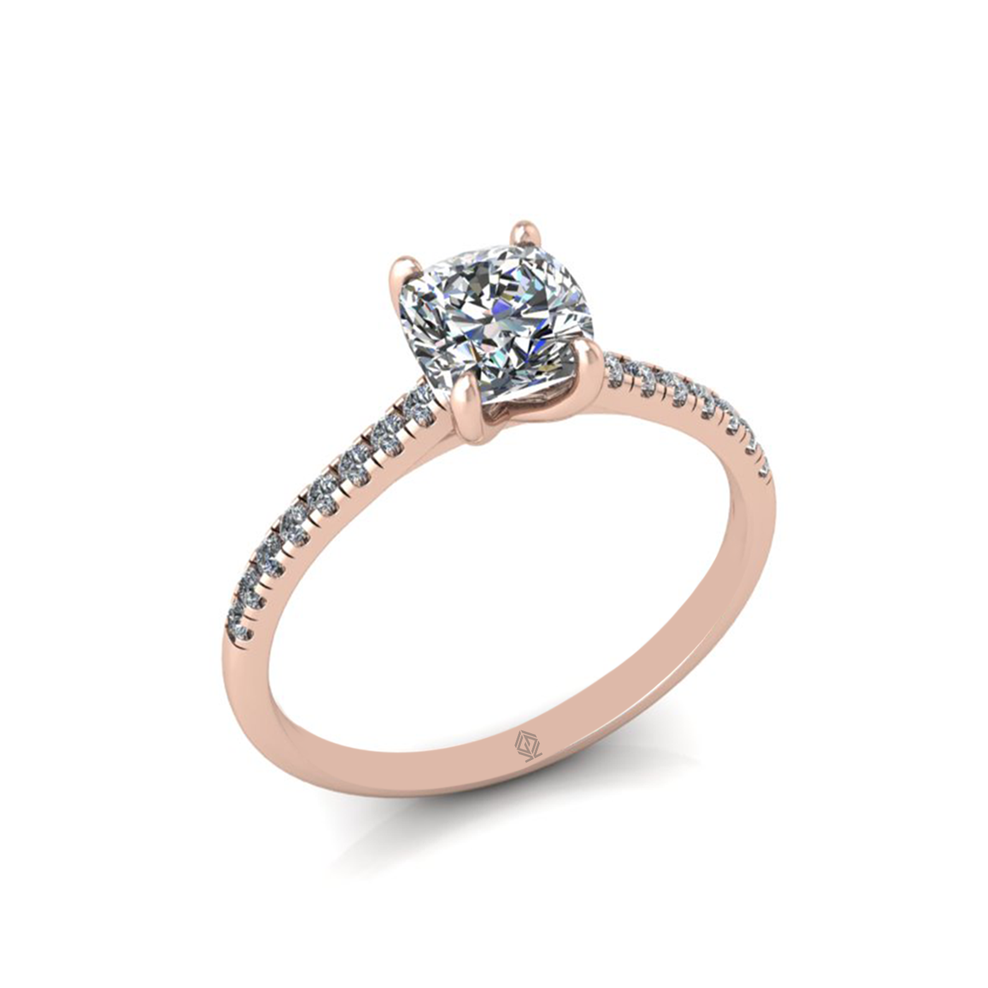 18k rose gold  0,30 ct 4 prongs cushion cut diamond engagement ring with whisper thin pavÉ set band