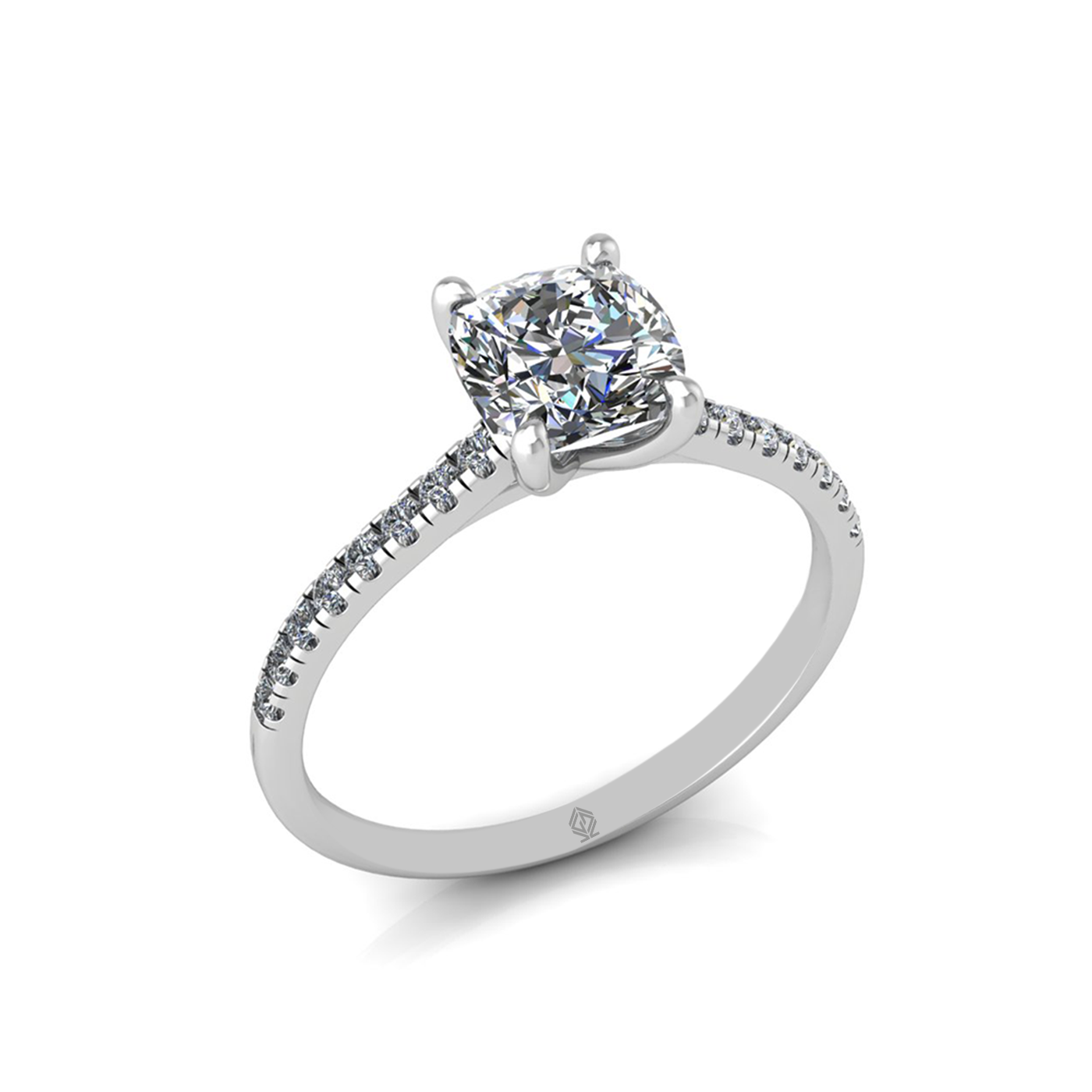 18k white gold 1.20ct 4 prongs cushion cut diamond engagement ring with whisper thin pavÉ set band