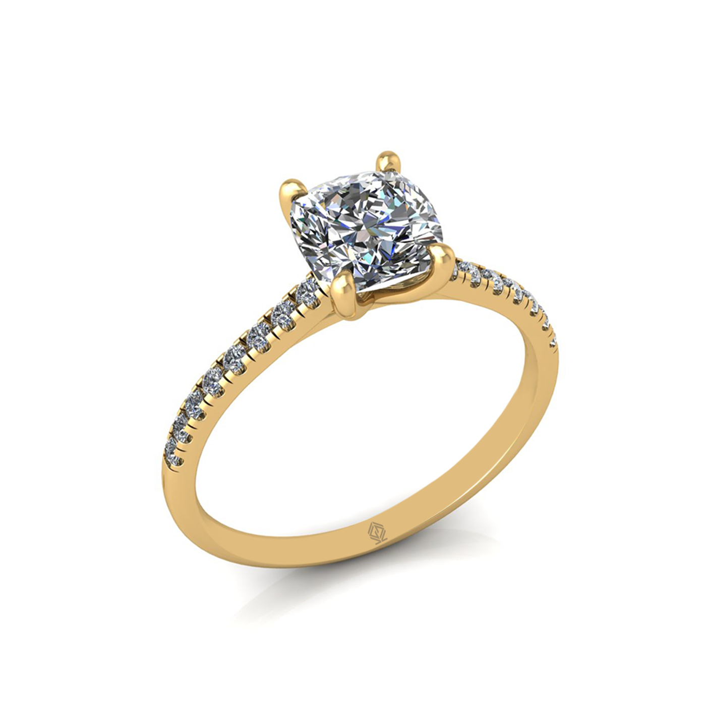 18k yellow gold 1.20ct 4 prongs cushion cut diamond engagement ring with whisper thin pavÉ set band