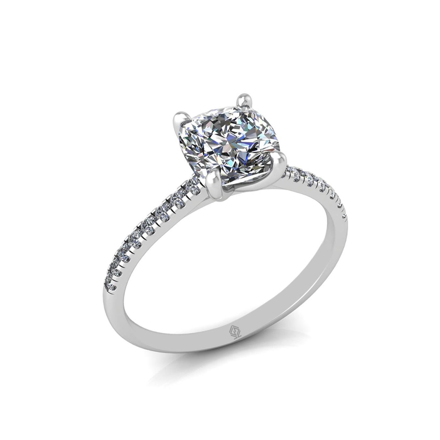 18k white gold 1.5ct 4 prongs cushion cut diamond engagement ring with whisper thin pavÉ set band