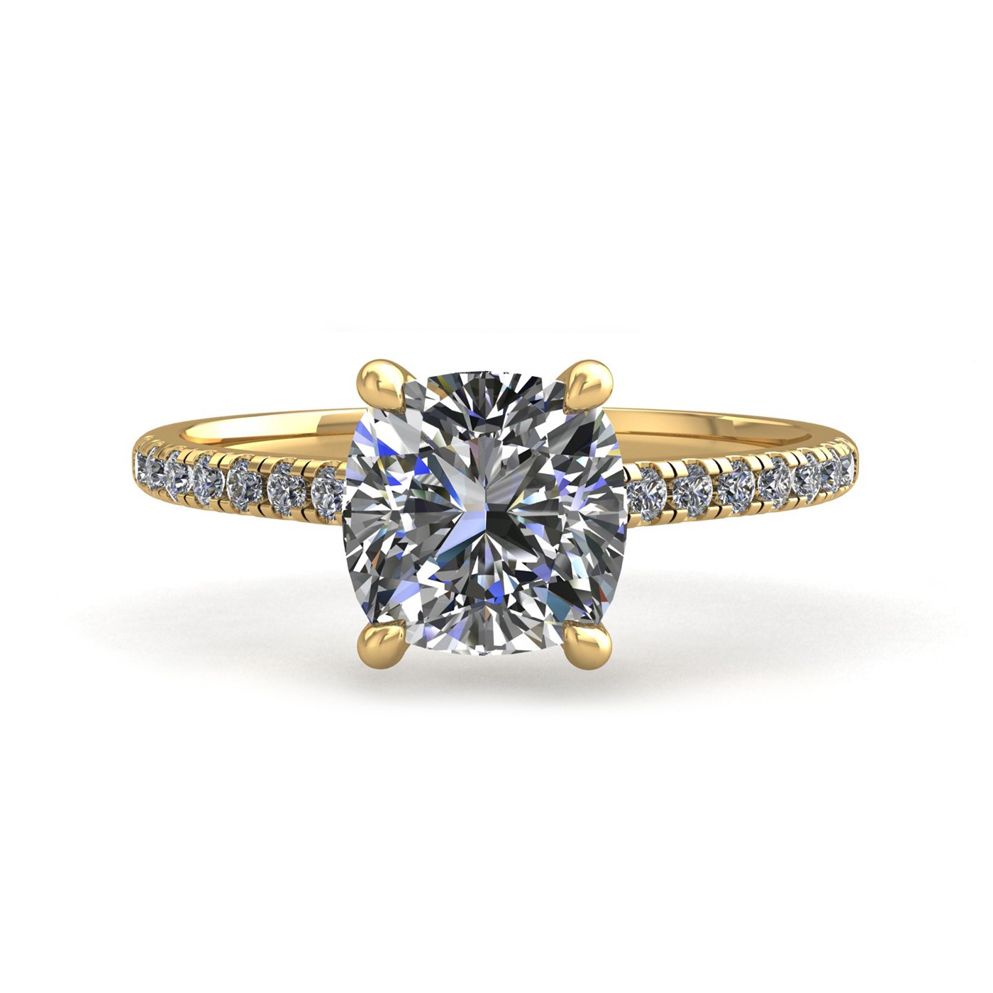 18k yellow gold 1.5ct 4 prongs cushion cut diamond engagement ring with whisper thin pavÉ set band