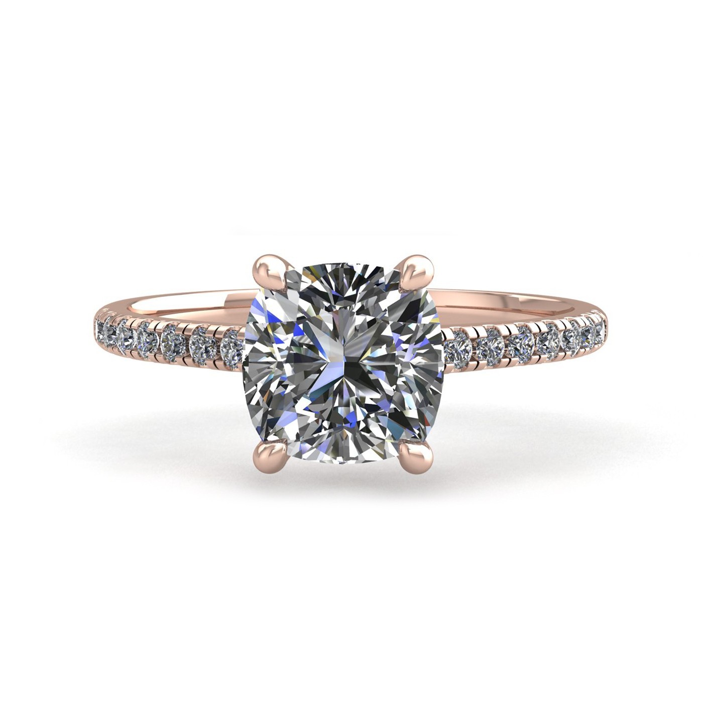 18k rose gold 1.5ct 4 prongs cushion cut diamond engagement ring with whisper thin pavÉ set band
