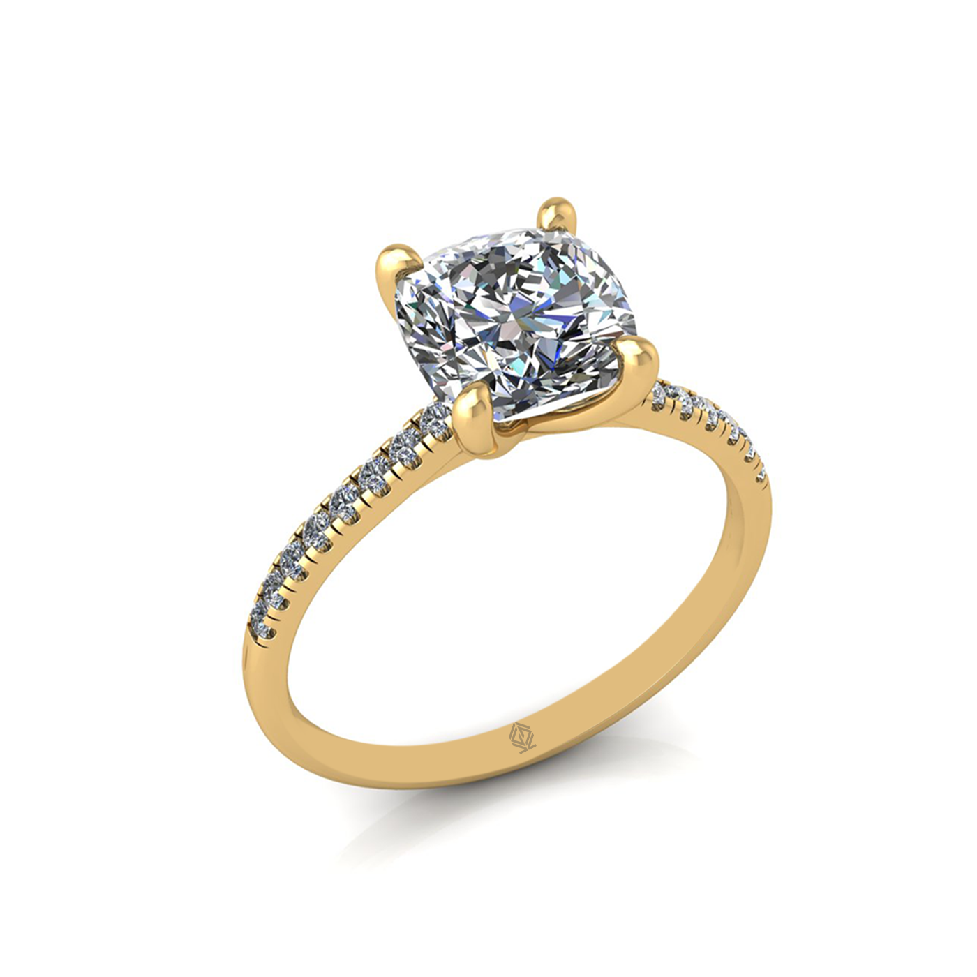 18k yellow gold 2.0ct 4 prongs cushion cut diamond engagement ring with whisper thin pavÉ set band
