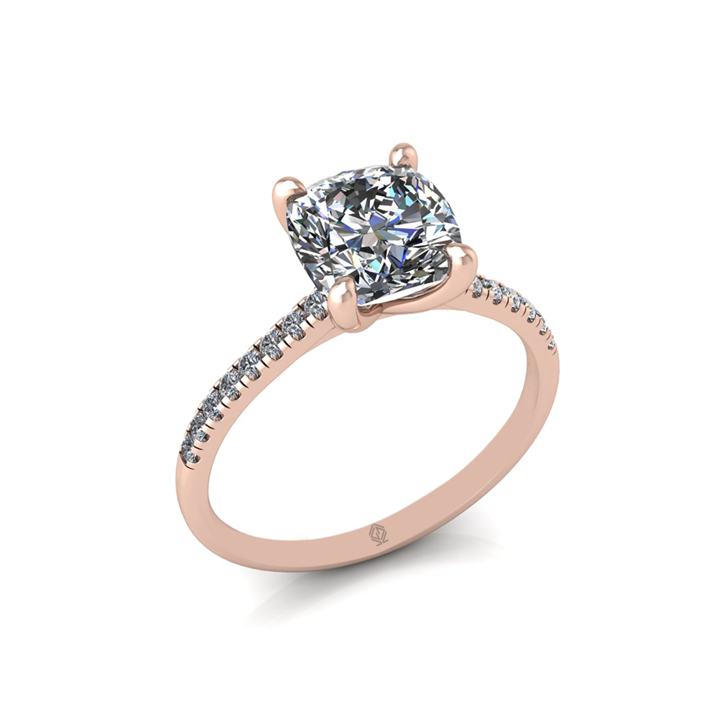 18k rose gold 2.0ct 4 prongs cushion cut diamond engagement ring with whisper thin pavÉ set band