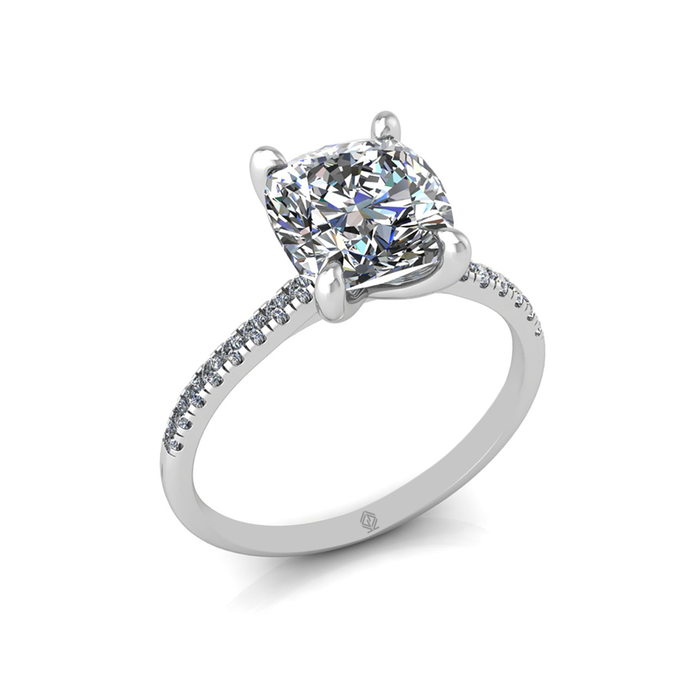 18k white gold 2.5ct 4 prongs cushion cut diamond engagement ring with whisper thin pavÉ set band