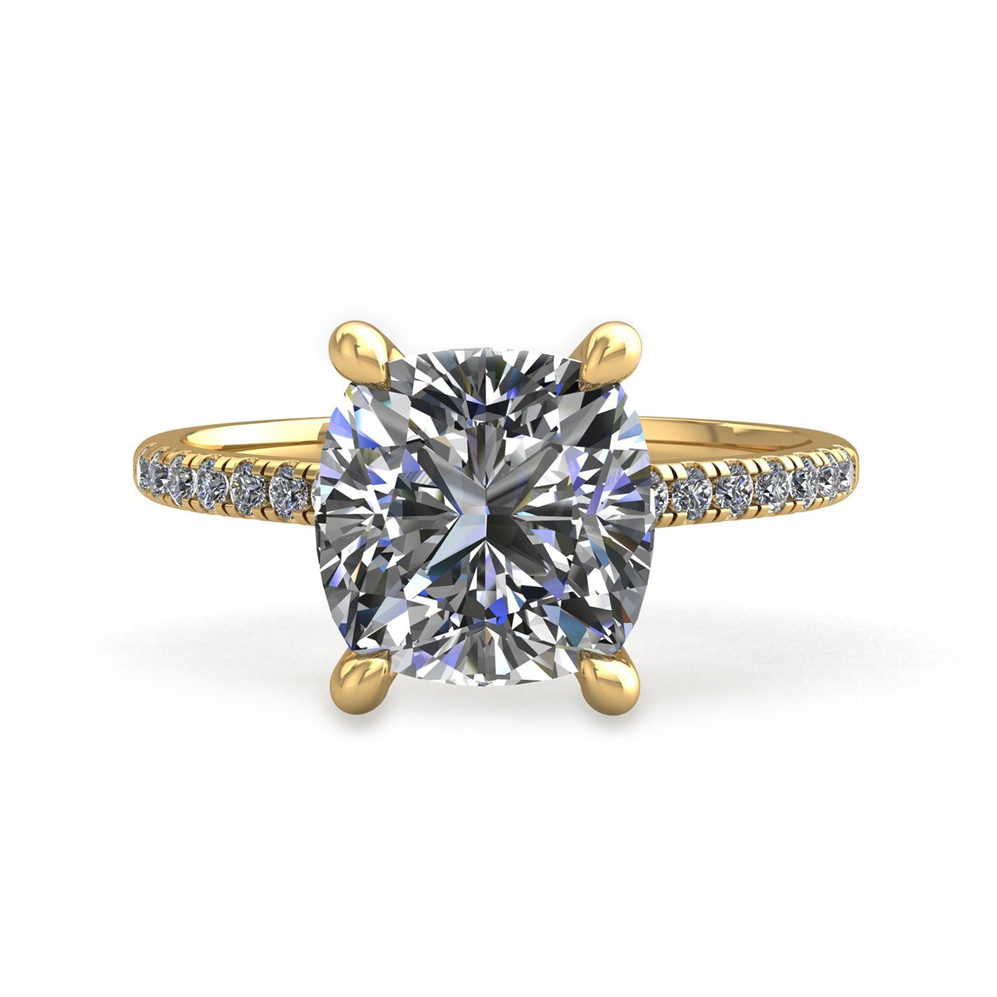 18k yellow gold 2.5ct 4 prongs cushion cut diamond engagement ring with whisper thin pavÉ set band