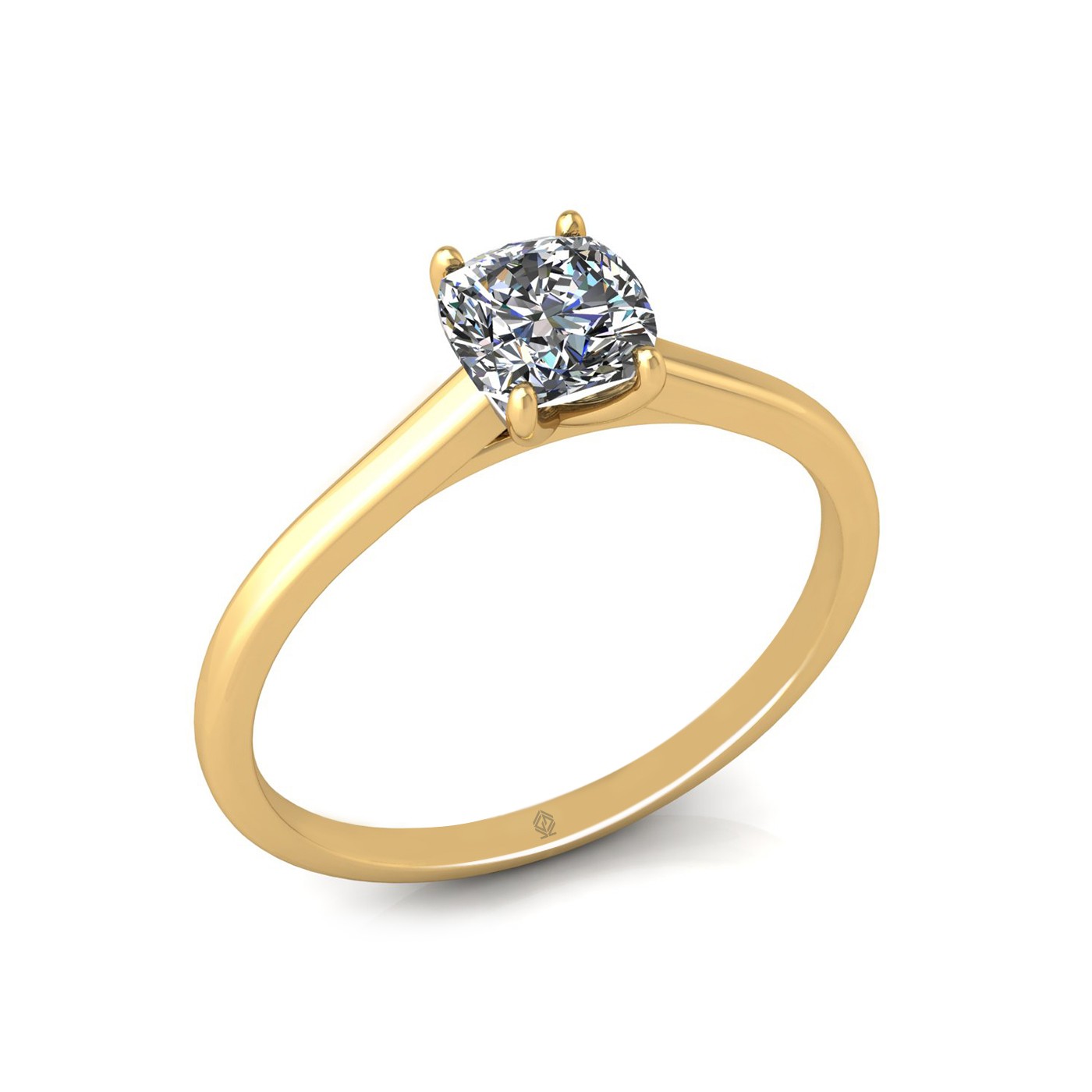 18k yellow gold 0,80 ct 4 prongs solitaire cushion cut diamond engagement ring with whisper thin band