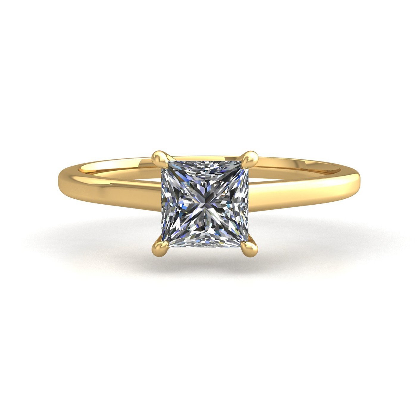 18k yellow gold  1,00 ct 4 prongs solitaire princess cut diamond engagement ring with whisper thin band Photos & images