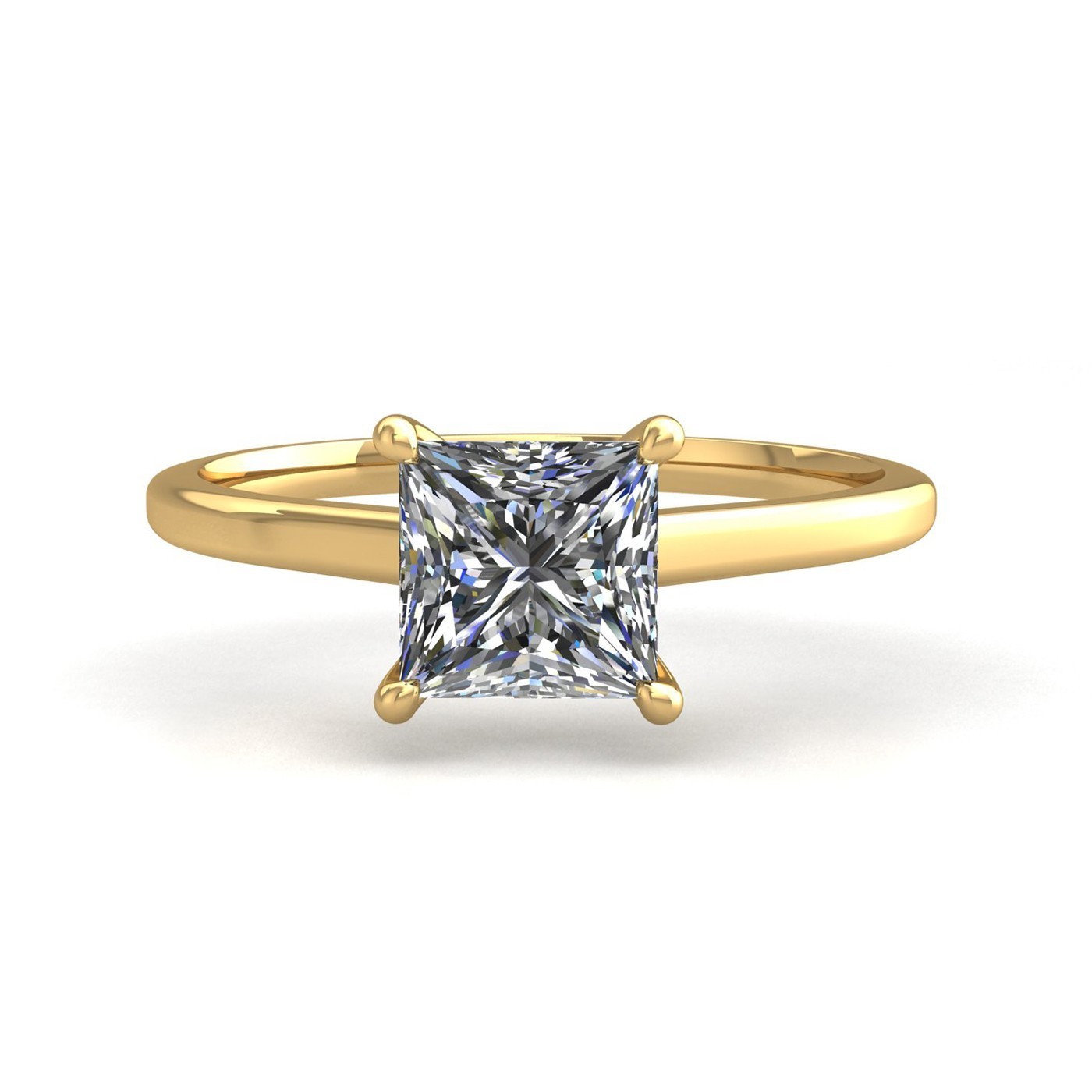 18k yellow gold  1,00 ct 4 prongs solitaire princess cut diamond engagement ring with whisper thin band