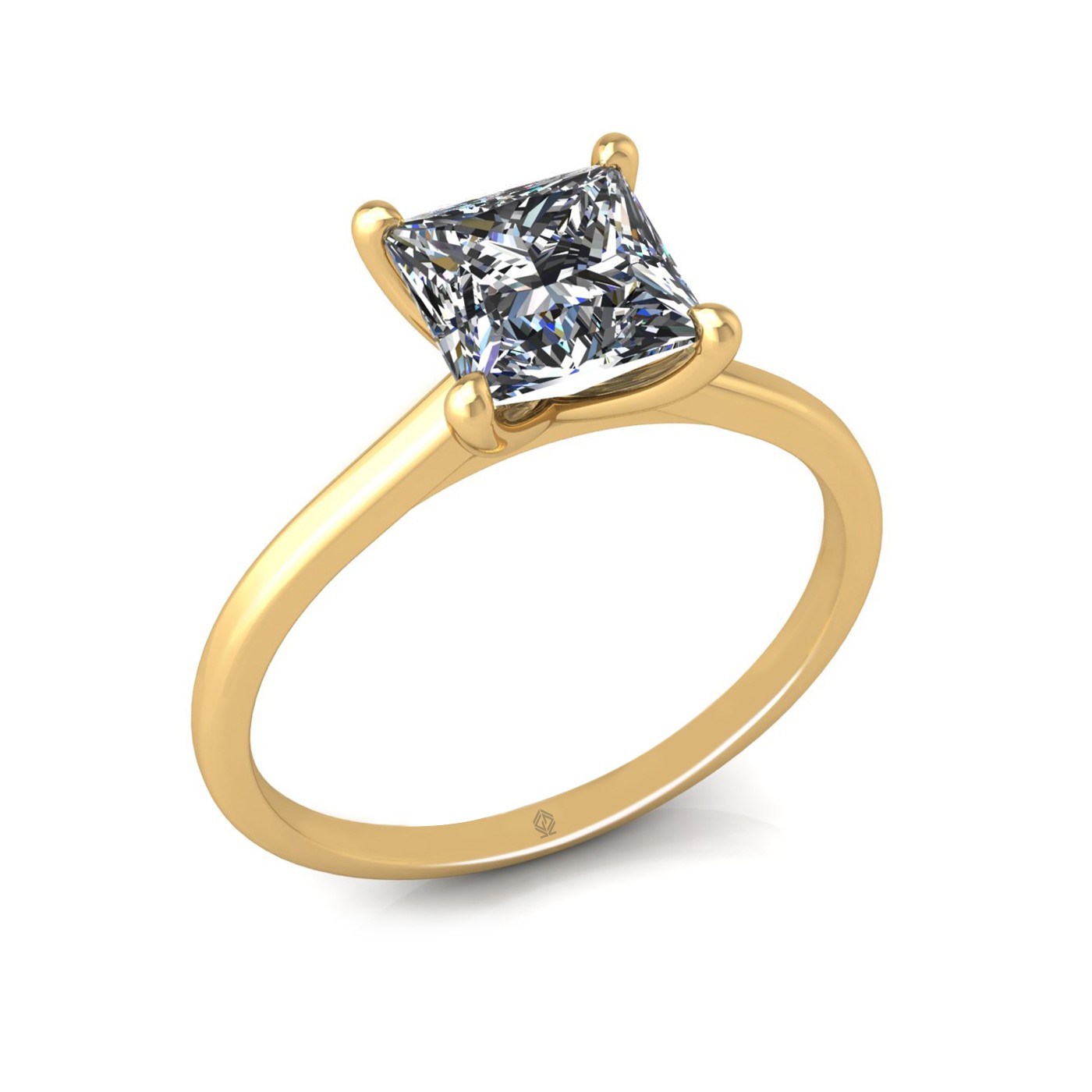 18k yellow gold  1,50 ct 4 prongs solitaire princess cut diamond engagement ring with whisper thin band
