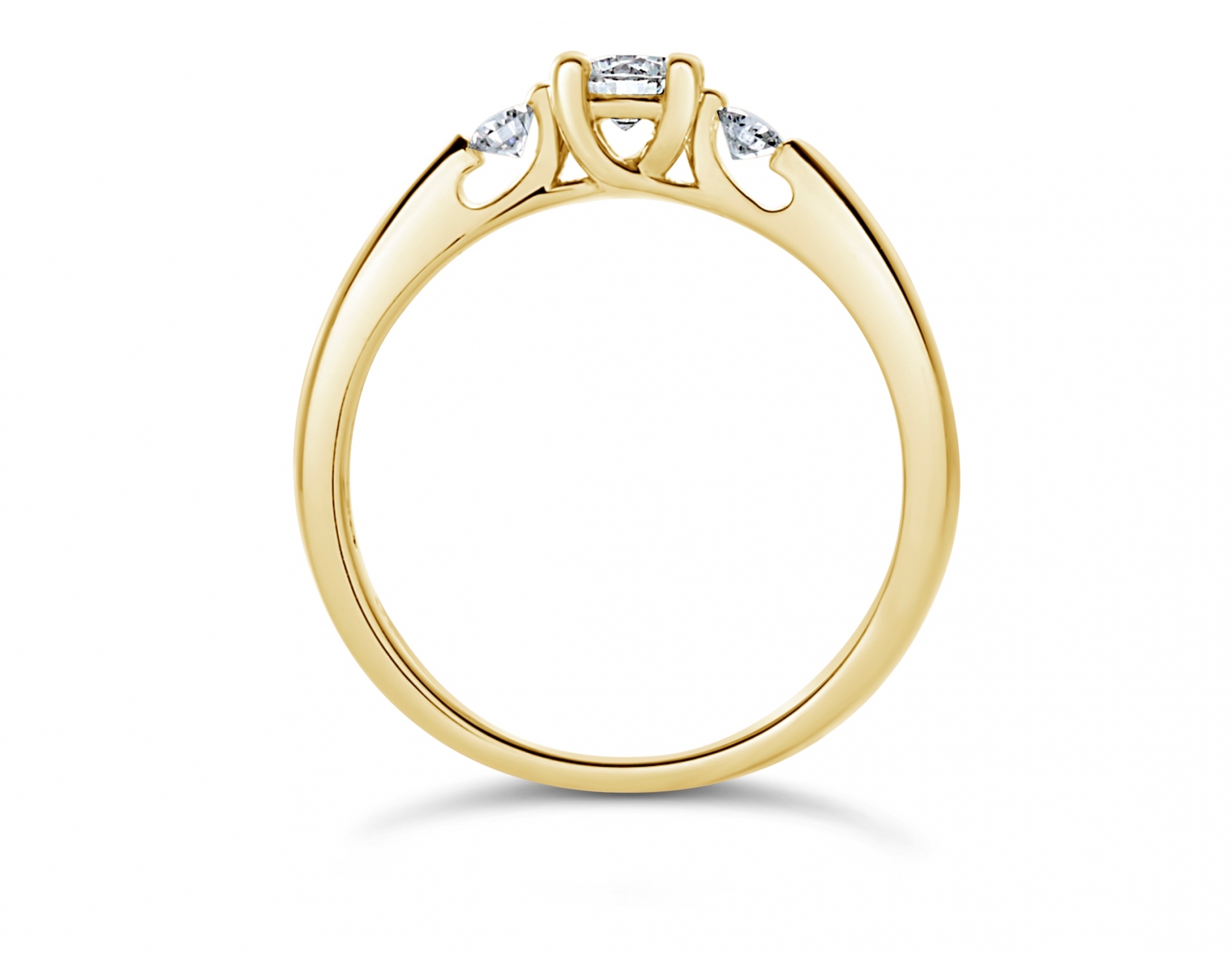 18k yellow gold 4 prong open gallery three stone engagement ring