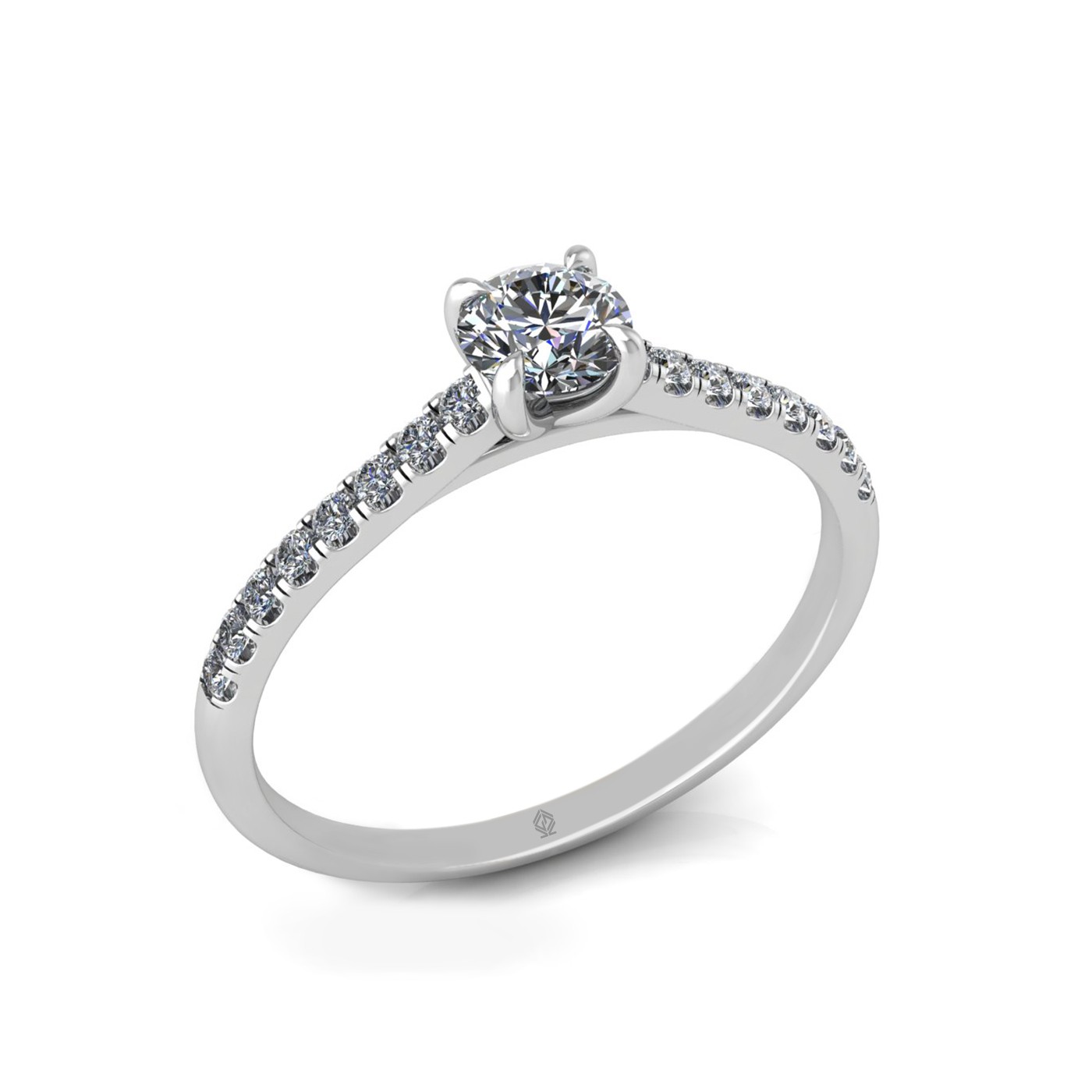 18k white gold  0,30 ct 4 prongs round cut diamond engagement ring with whisper thin pavÉ set band