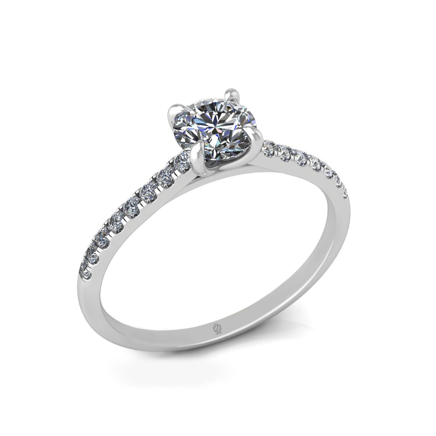 18k white gold 0,50 ct 4 prongs round cut diamond engagement ring with whisper thin pavÉ set band