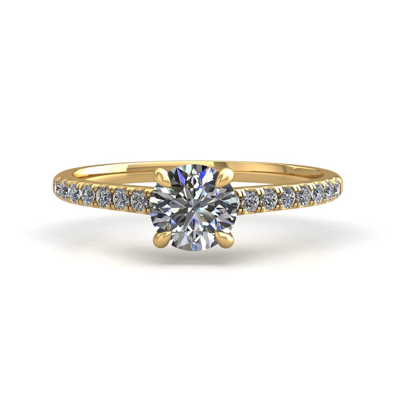 18k yellow gold 2.0ct 4 prongs round cut diamond engagement ring with whisper thin pavÉ set band Photos & images
