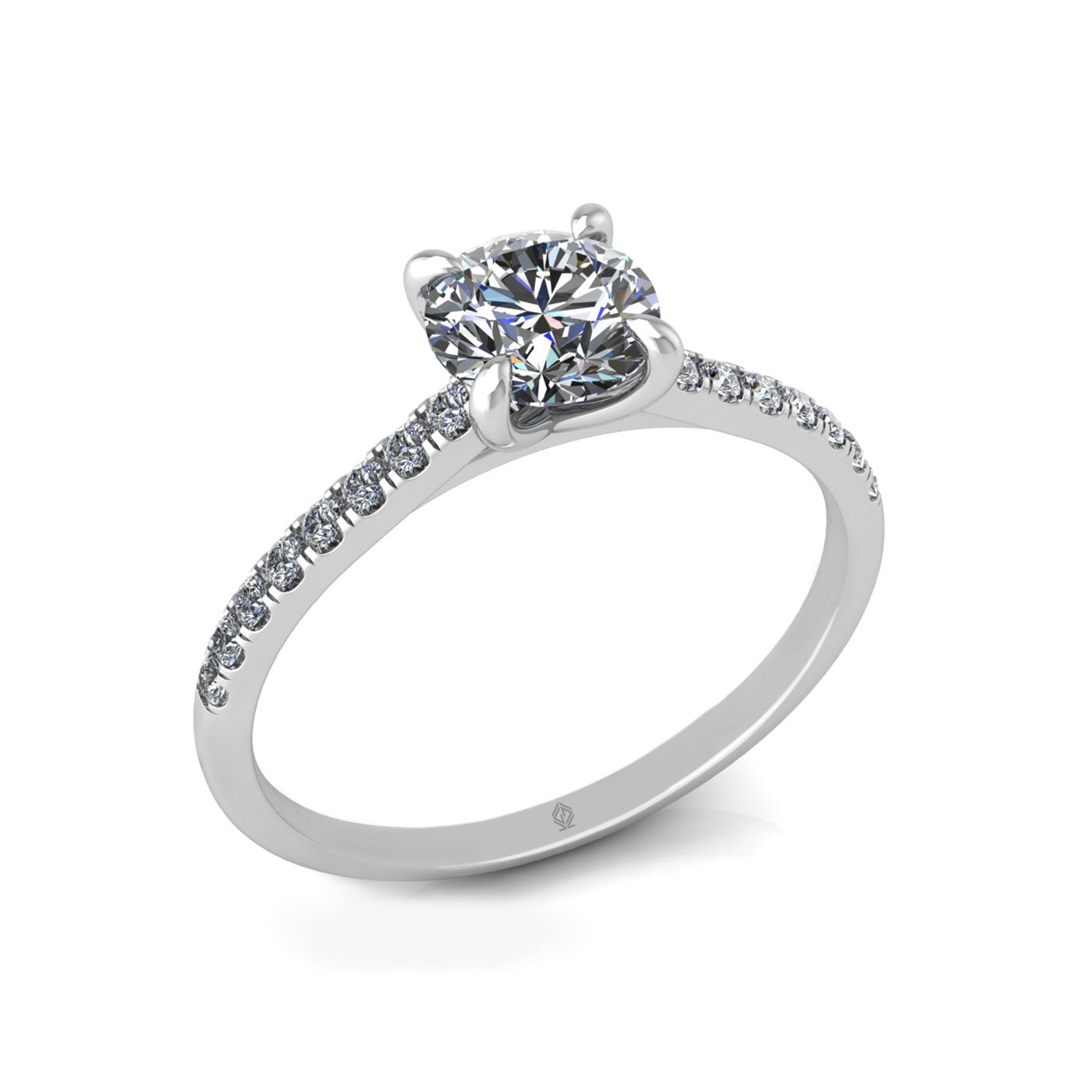 18k white gold 0,80 ct 4 prongs round cut diamond engagement ring with whisper thin pavÉ set band