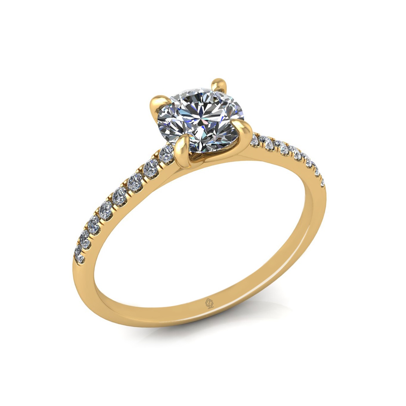 18k yellow gold 1.0ct 4 prongs round cut diamond engagement ring with whisper thin pavÉ set band