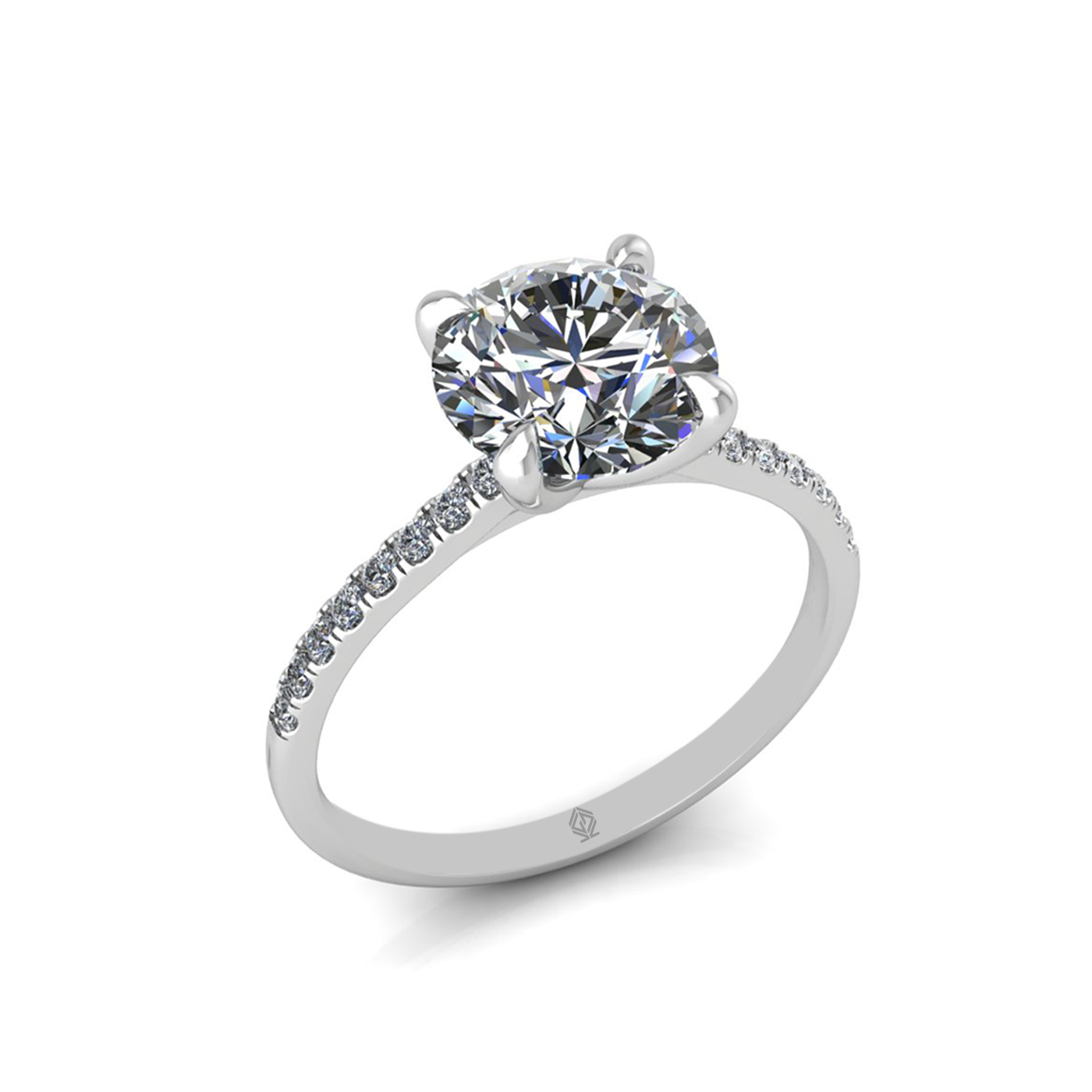 18k white gold 2.0ct 4 prongs round cut diamond engagement ring with whisper thin pavÉ set band
