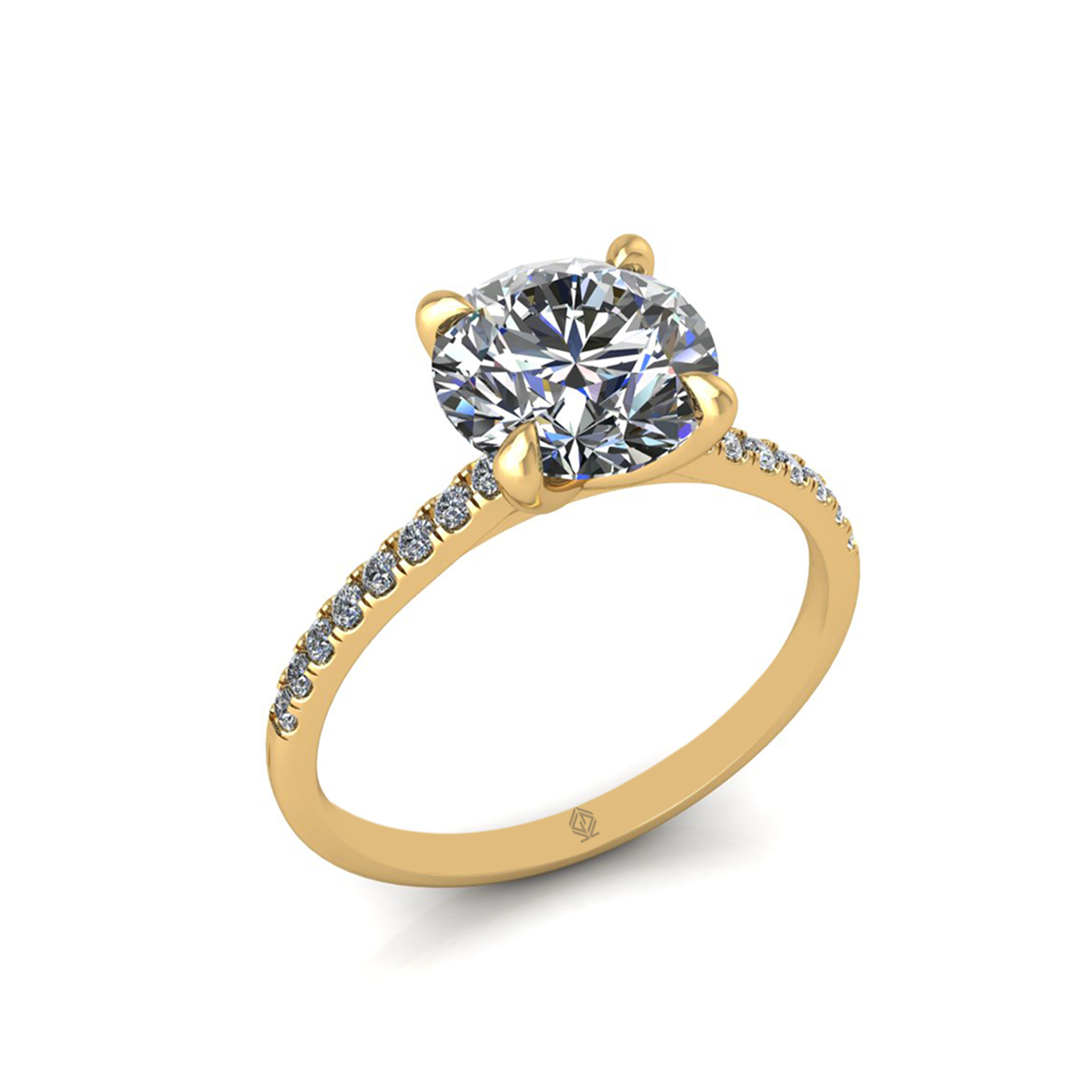 18k yellow gold 2.0ct 4 prongs round cut diamond engagement ring with whisper thin pavÉ set band