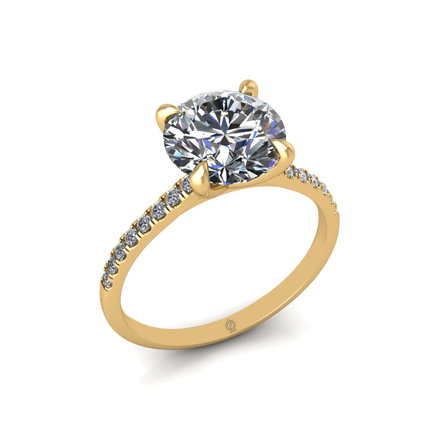 18k yellow gold 2.5ct 4 prongs round cut diamond engagement ring with whisper thin pavÉ set band