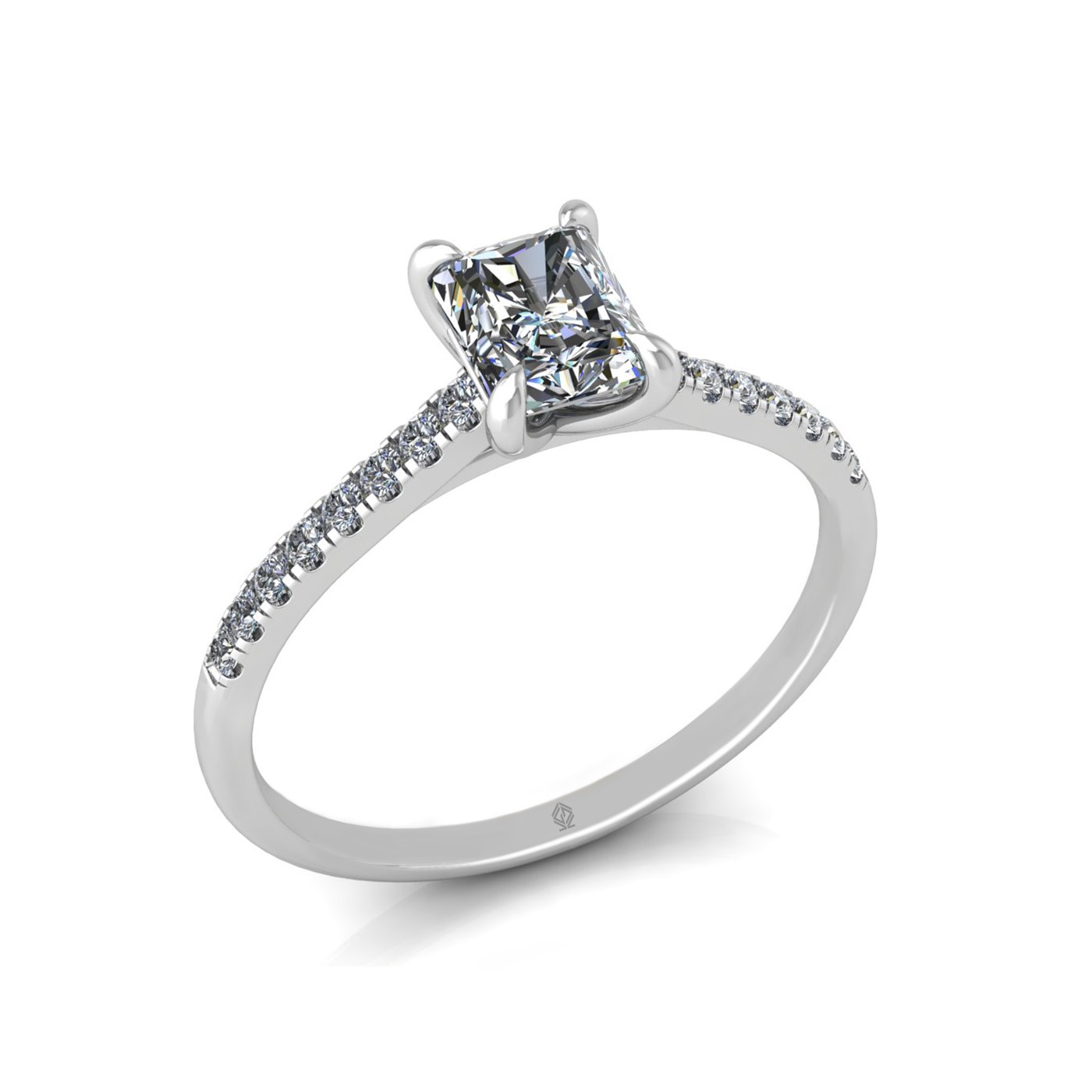 18k white gold  0,80 ct 4 prongs radiant cut diamond engagement ring with whisper thin pavÉ set band