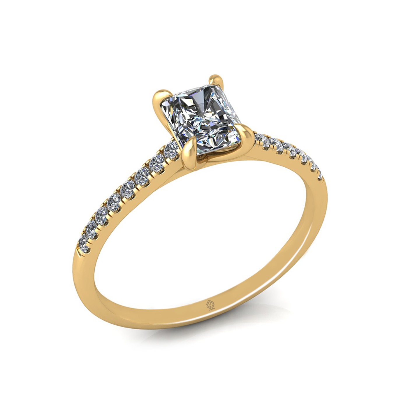 18k yellow gold  0,80 ct 4 prongs radiant cut diamond engagement ring with whisper thin pavÉ set band