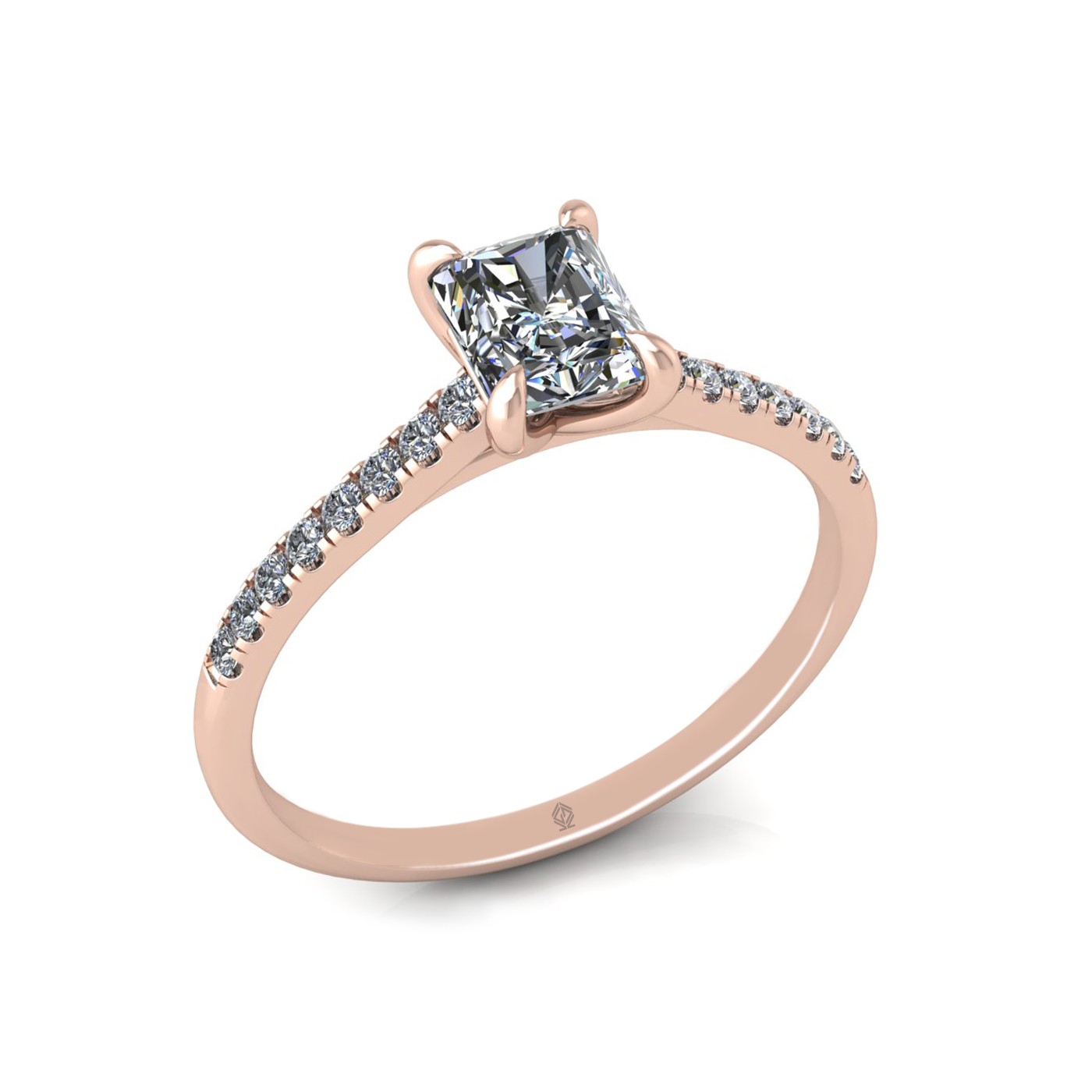 18k rose gold  0,80 ct 4 prongs radiant cut diamond engagement ring with whisper thin pavÉ set band