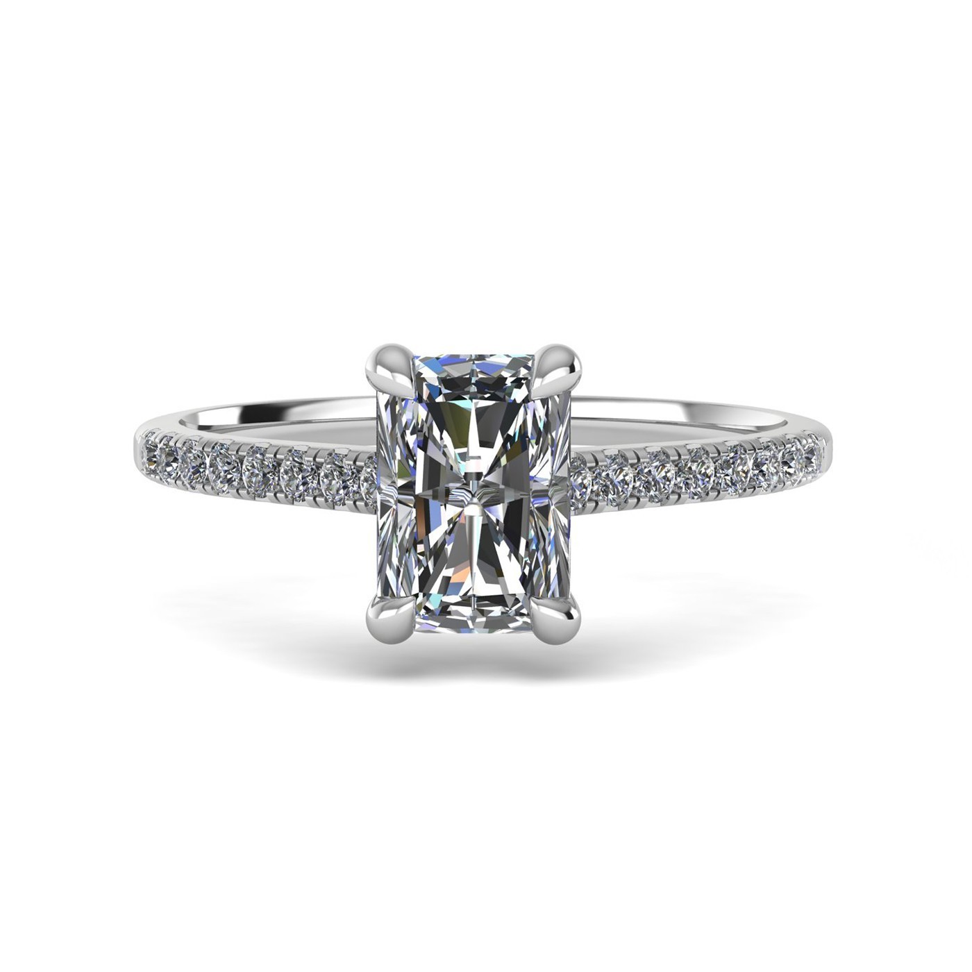 18k white gold  1,00 ct 4 prongs radiant cut diamond engagement ring with whisper thin pavÉ set band