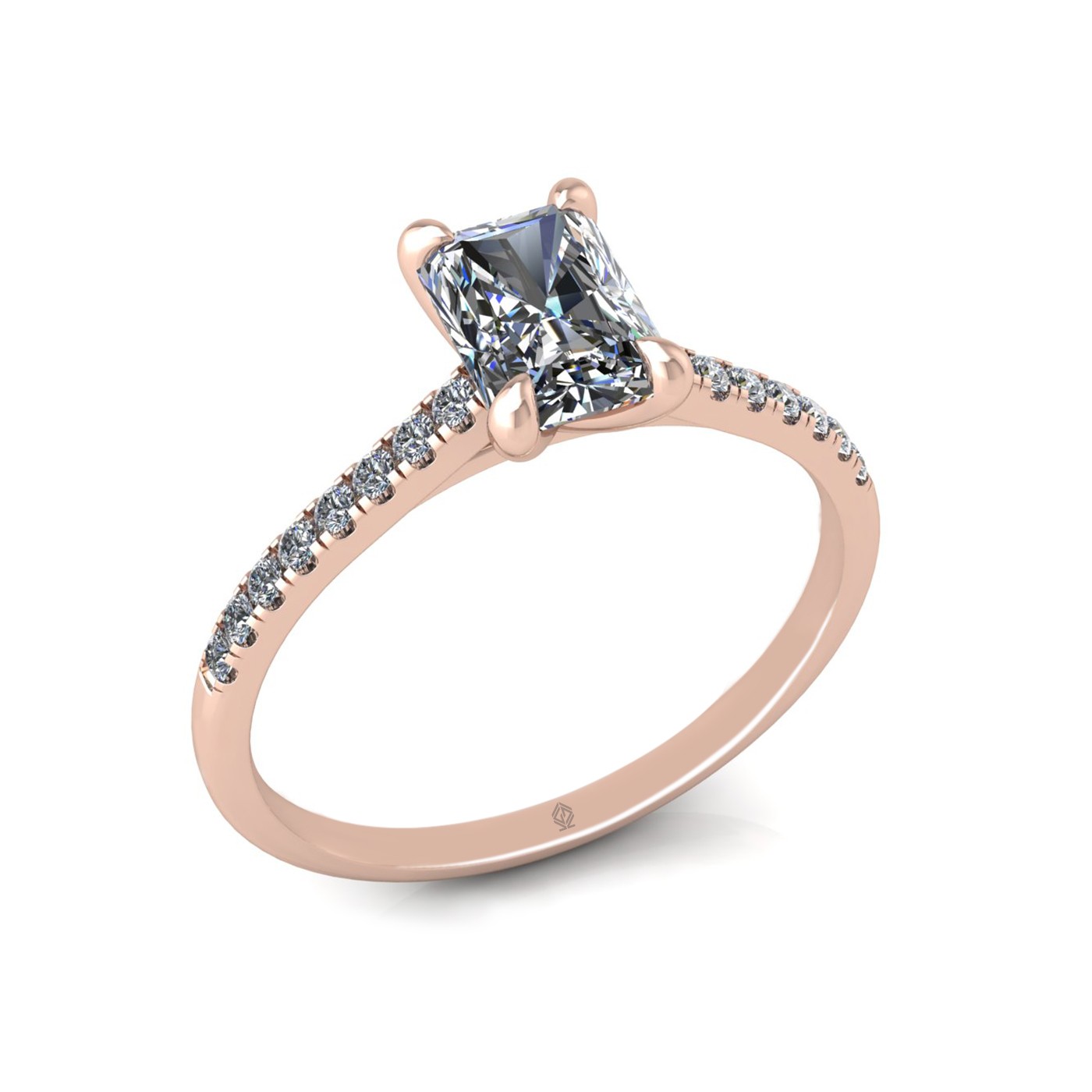 18k rose gold  1,00 ct 4 prongs radiant cut diamond engagement ring with whisper thin pavÉ set band