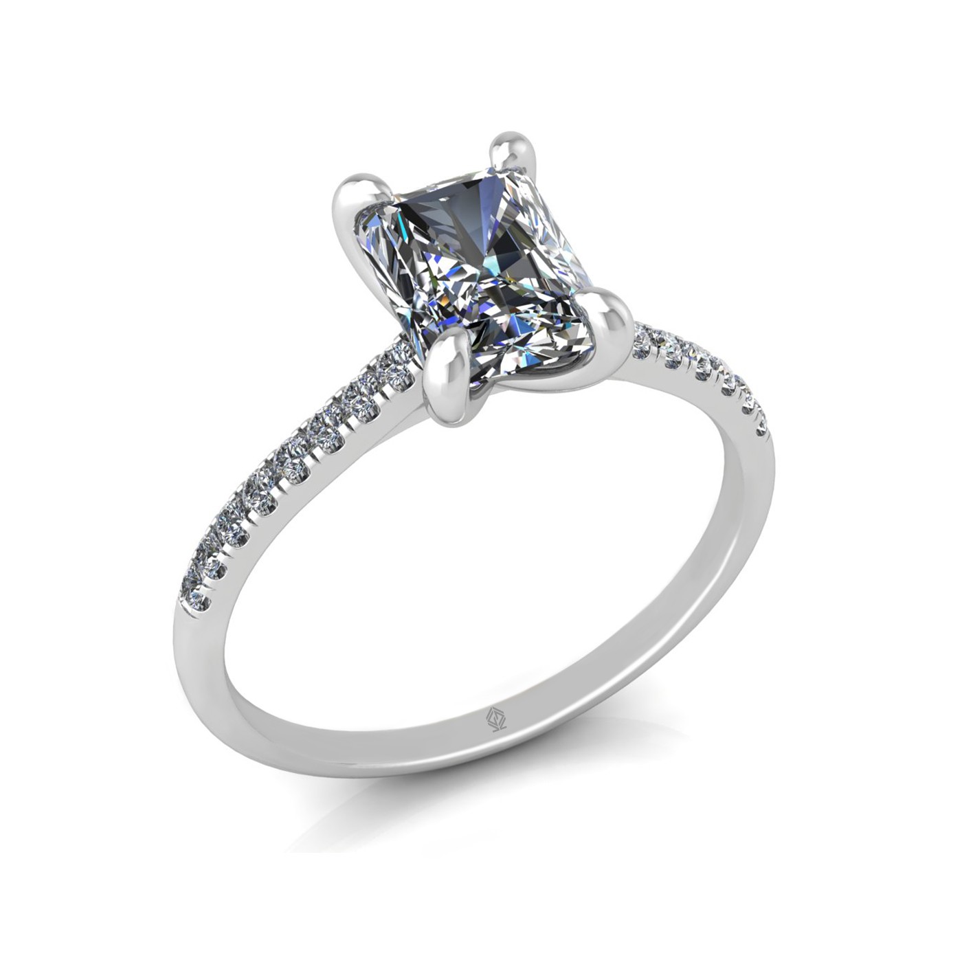 18k white gold  1,50 ct 4 prongs radiant cut diamond engagement ring with whisper thin pavÉ set band