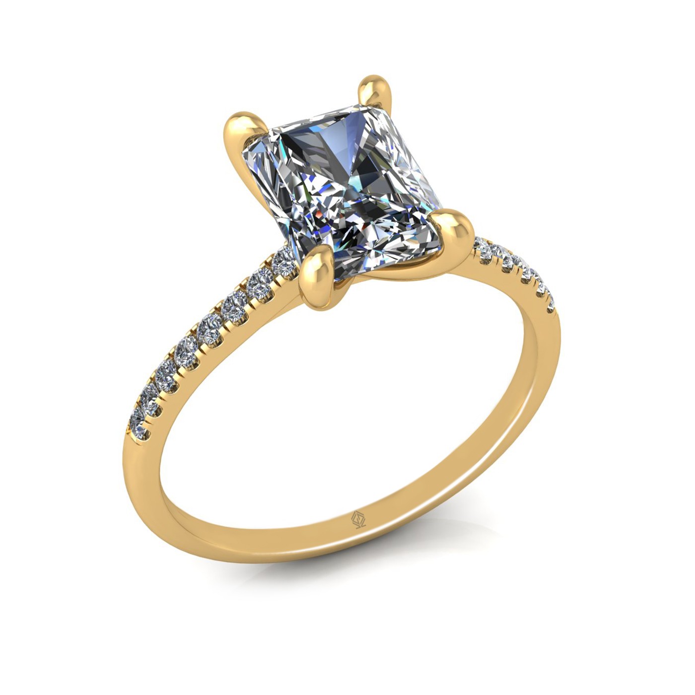 18k yellow gold  2,00 ct 4 prongs radiant cut diamond engagement ring with whisper thin pavÉ set band
