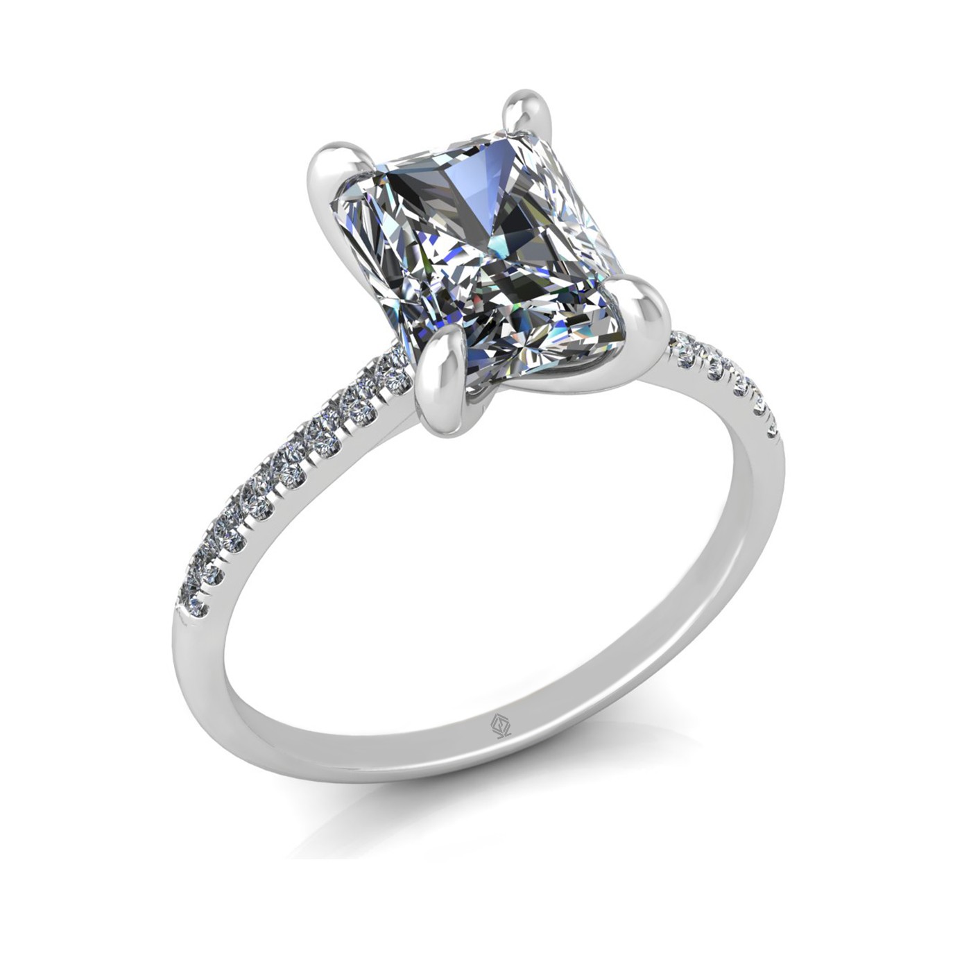18k white gold  2,50 ct 4 prongs radiant cut diamond engagement ring with whisper thin pavÉ set band