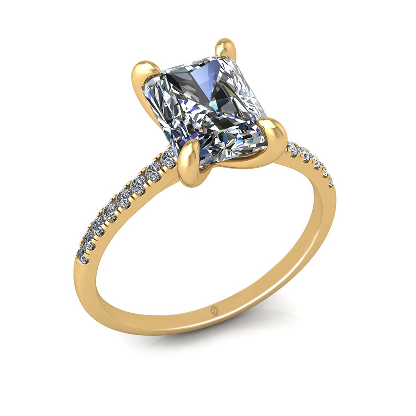 18k yellow gold  2,50 ct 4 prongs radiant cut diamond engagement ring with whisper thin pavÉ set band