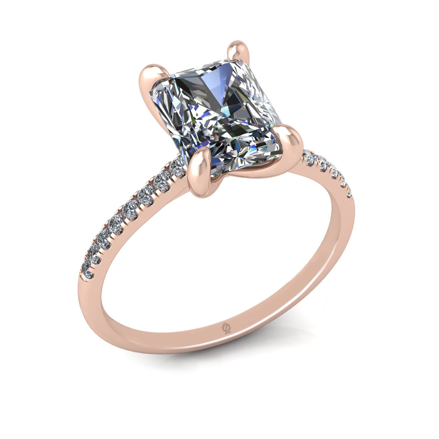 18k rose gold  2,50 ct 4 prongs radiant cut diamond engagement ring with whisper thin pavÉ set band