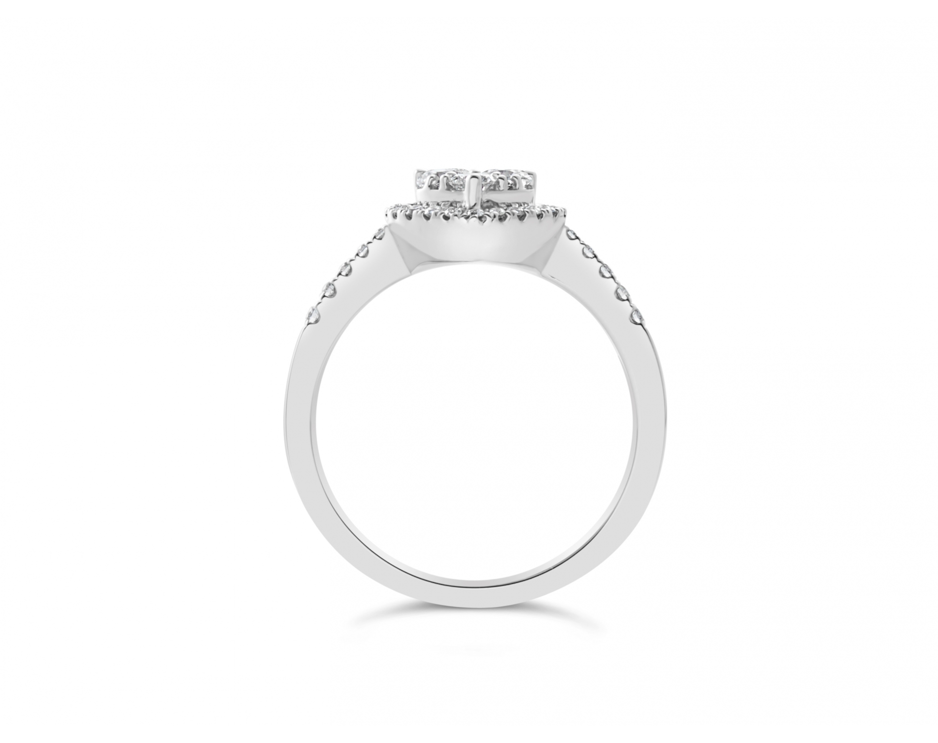 18k white gold heart shaped halo illusion set engagement ring with round pave set diamonds