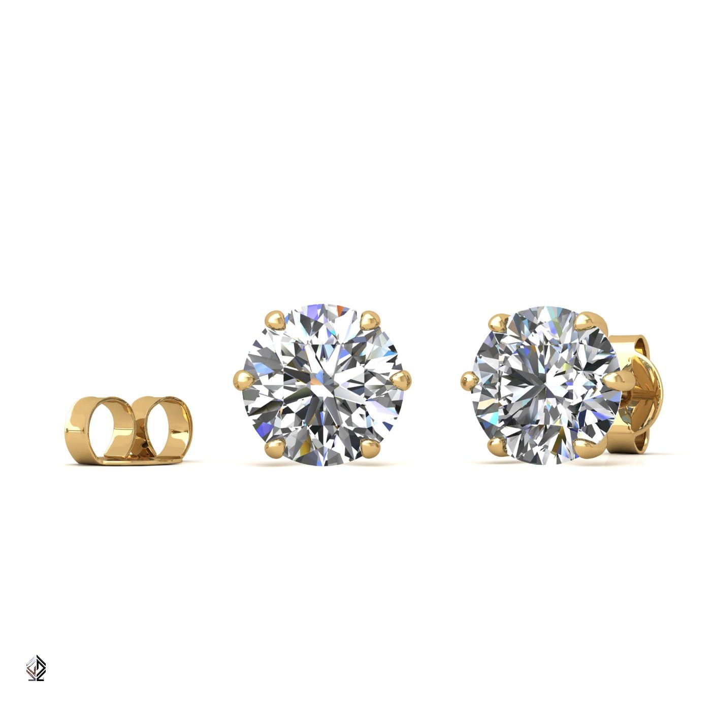 18k yellow gold 1.0 ct each (2,0 tcw) 6 prongs round shape diamond earrings